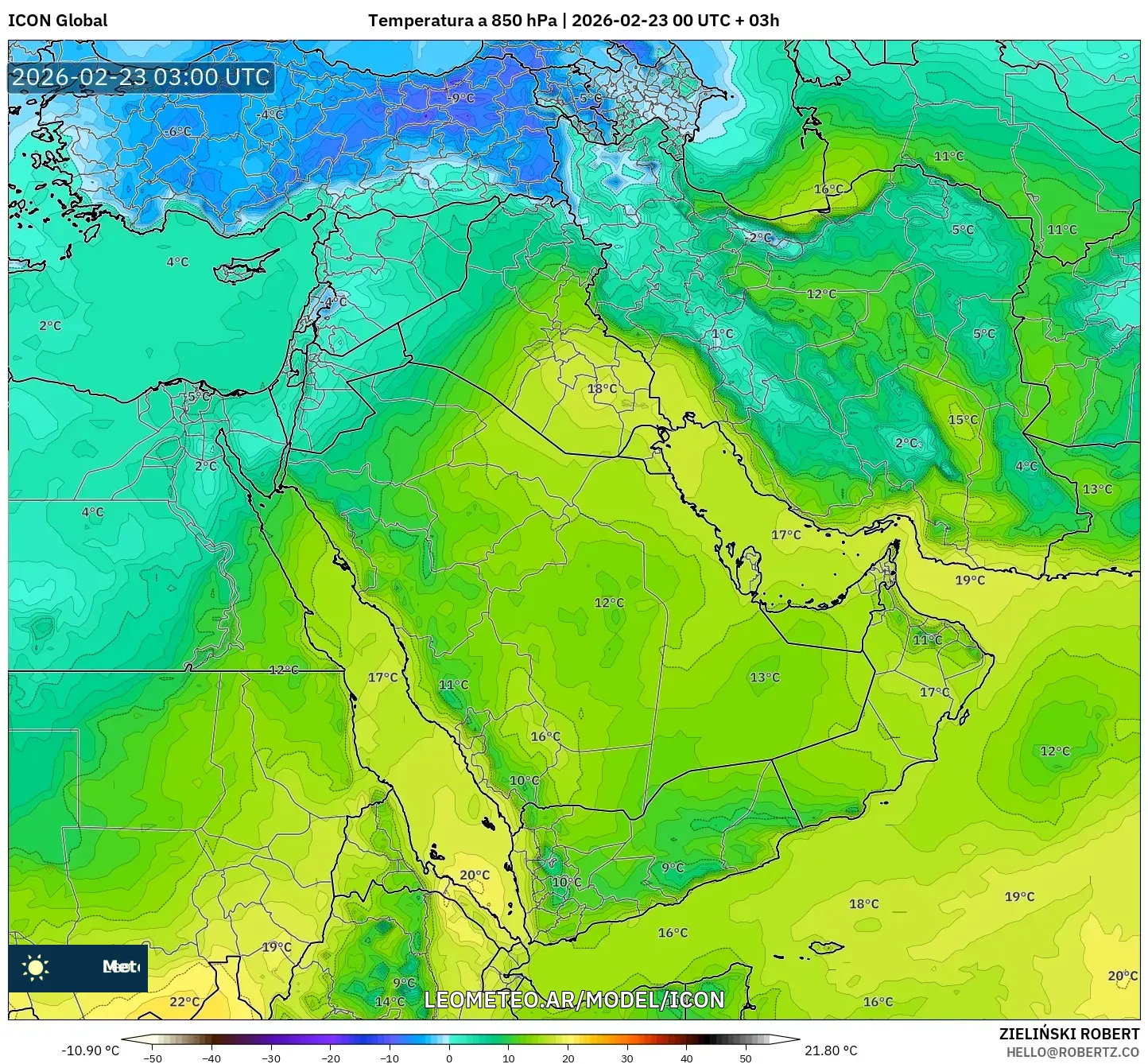 ICON model - Bliski Wschód, Temperatura na 850 hPa