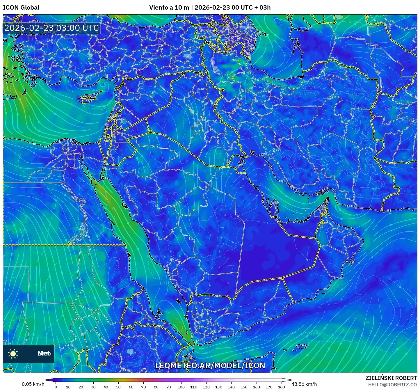 ICON model - Bliski Wschód, Wiatr na 10 m