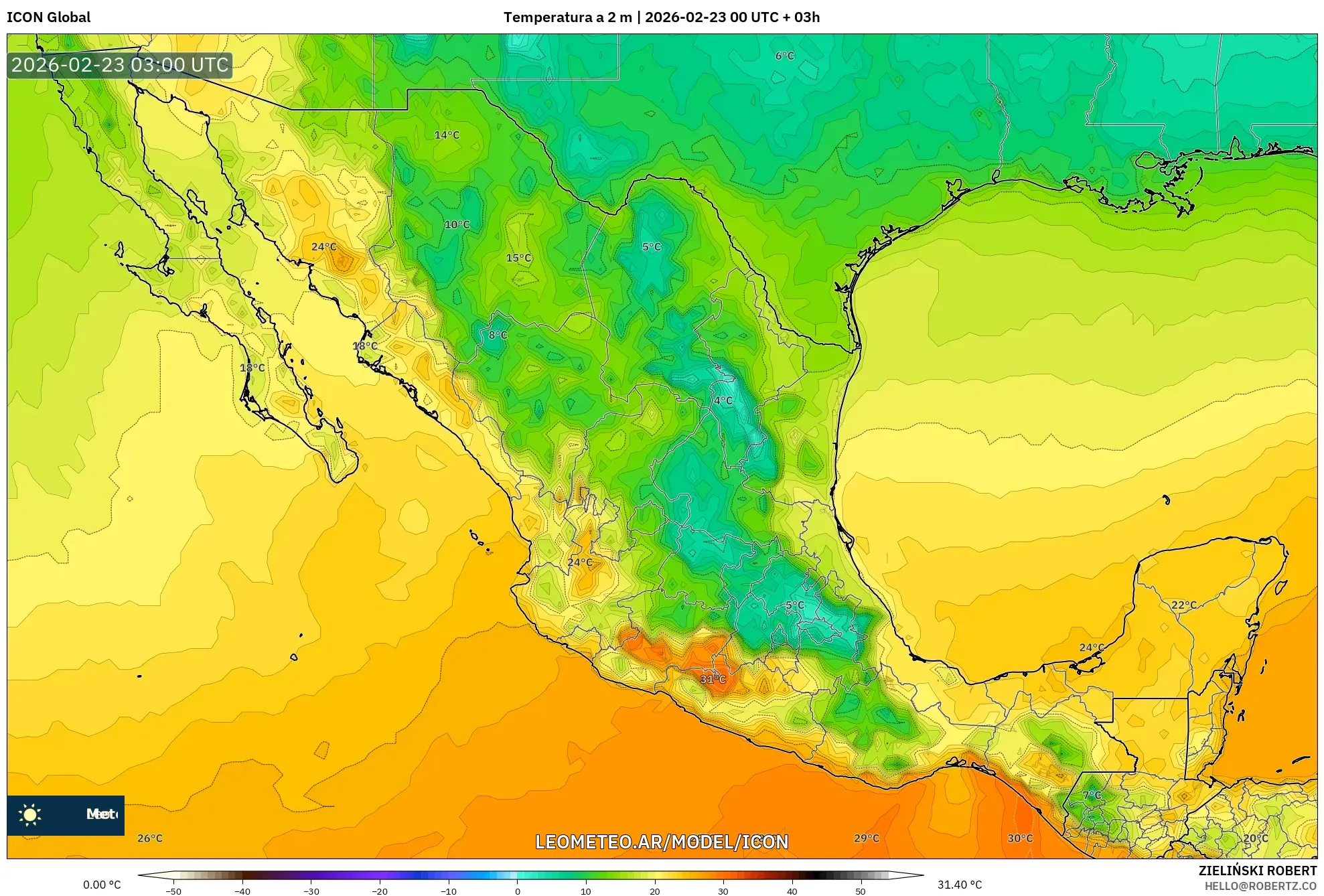 ICON model - Meksyk, Temperatura na 2 m