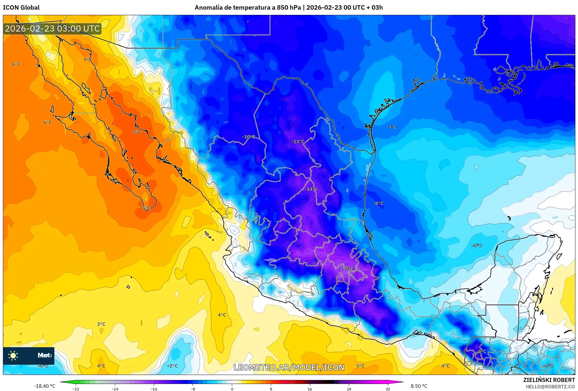 ICON model - Meksyk, Anomalia temperatury na 850 hPa