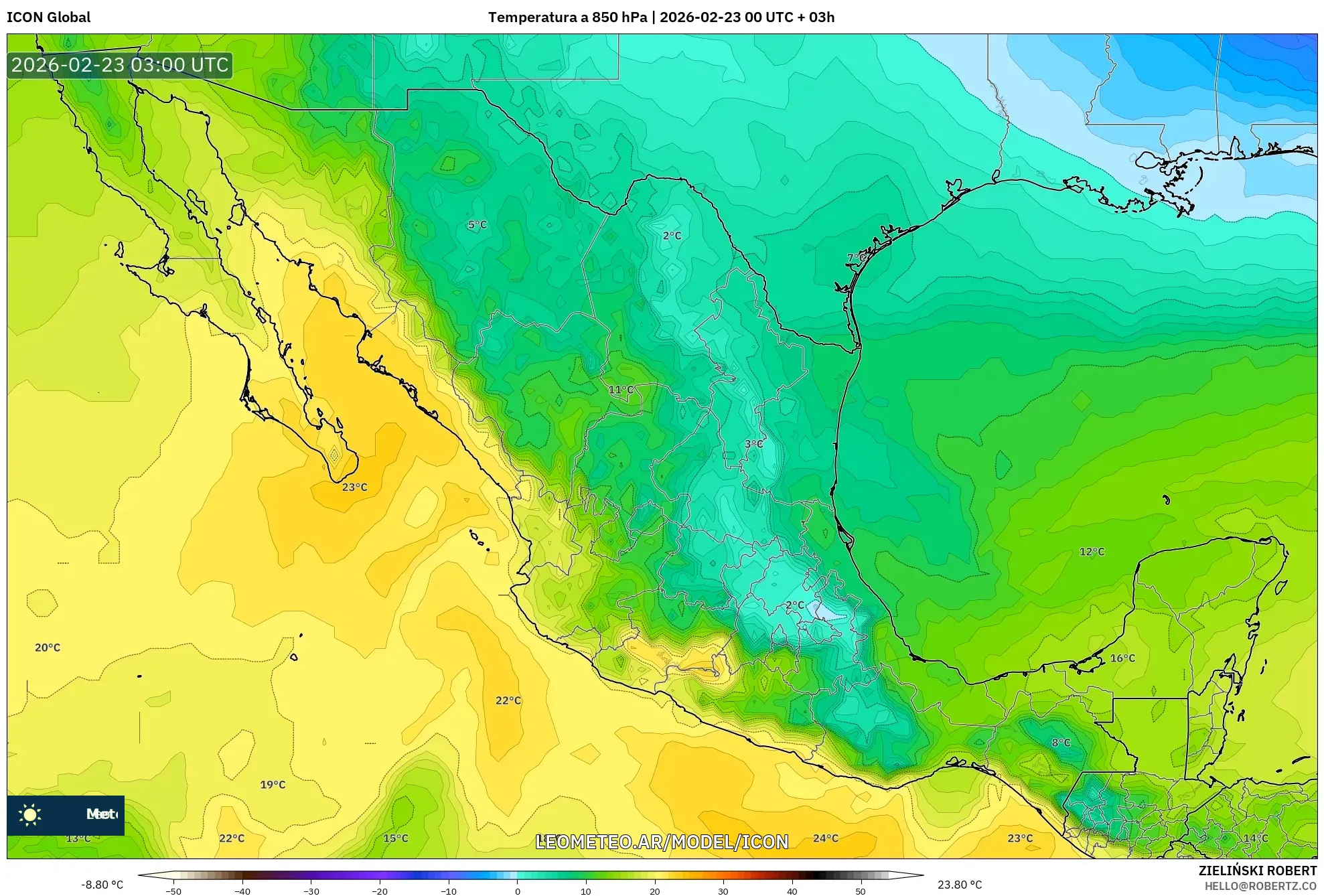 ICON model - Meksyk, Temperatura na 850 hPa