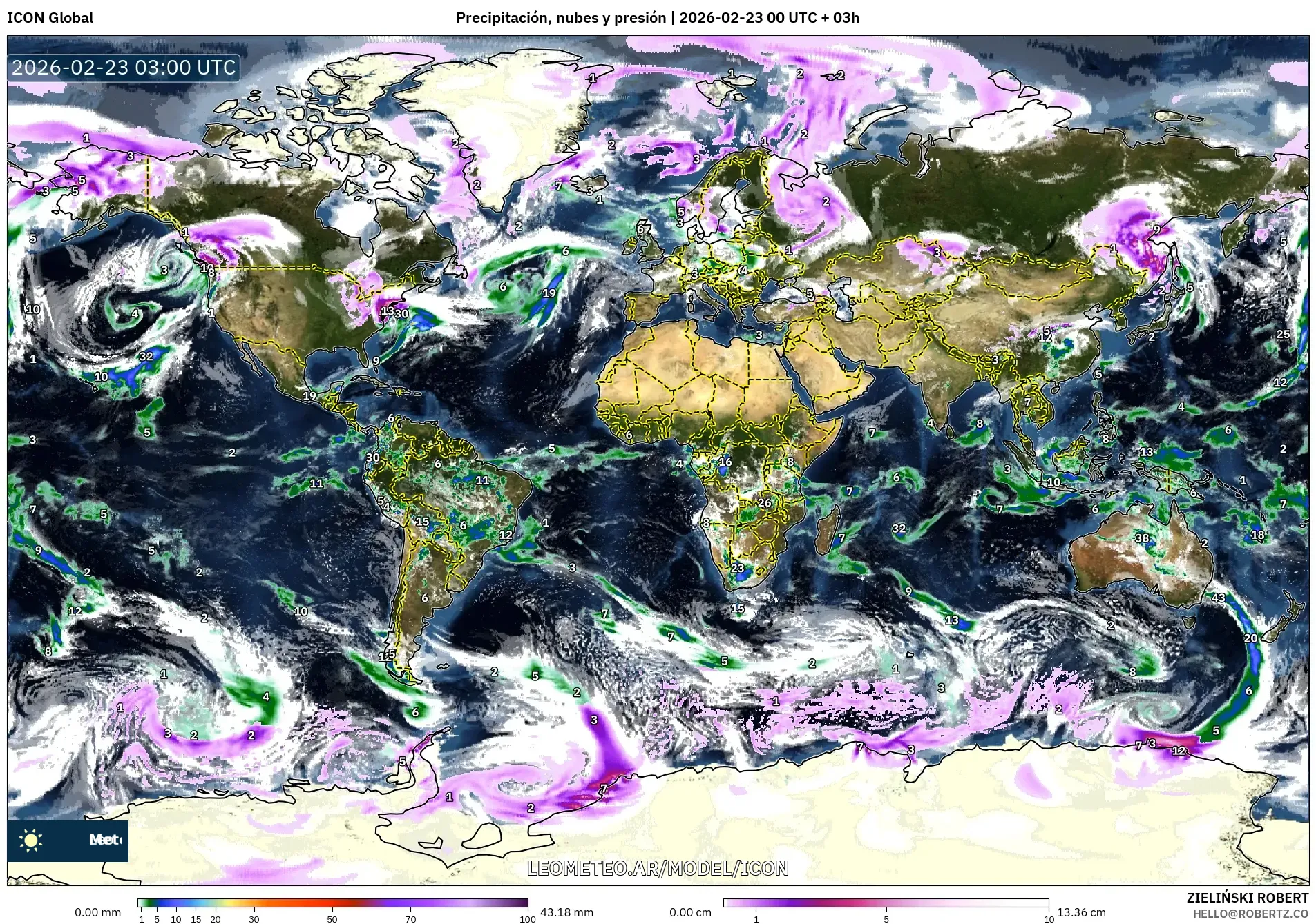ICON model - Świat, Opady, chmury i ciśnienie