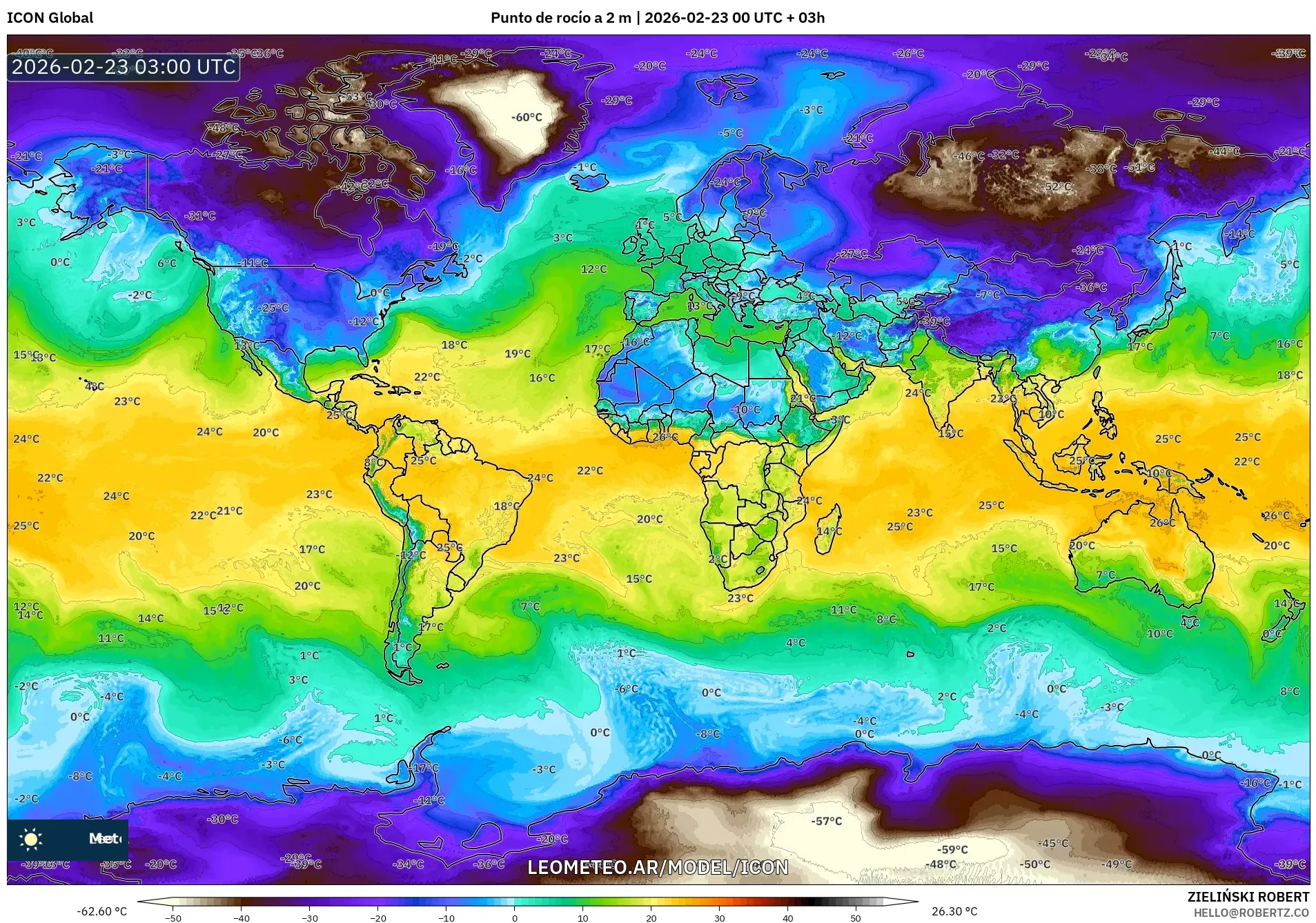 ICON model - Świat, Punkt rosy na 2 m