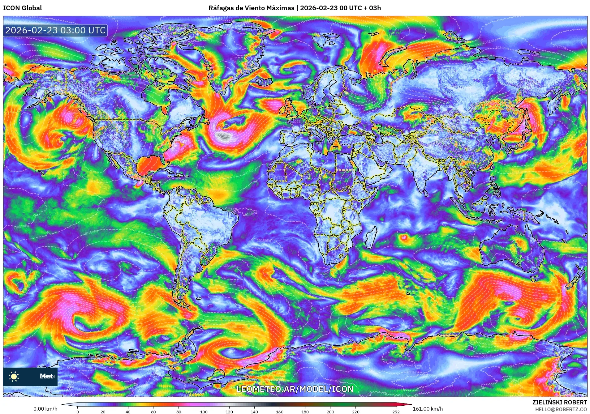 ICON model - Świat, Maksymalne Porywy Wiatru