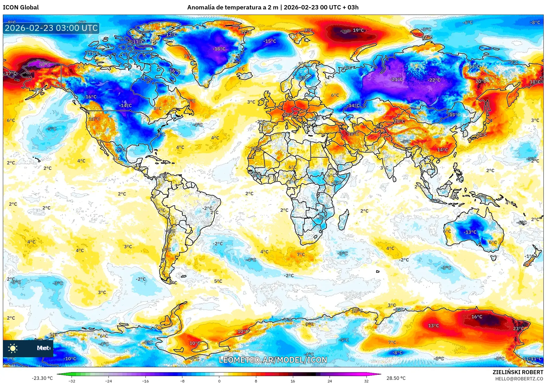 ICON model - Świat, Anomalia temperatury na 2 m
