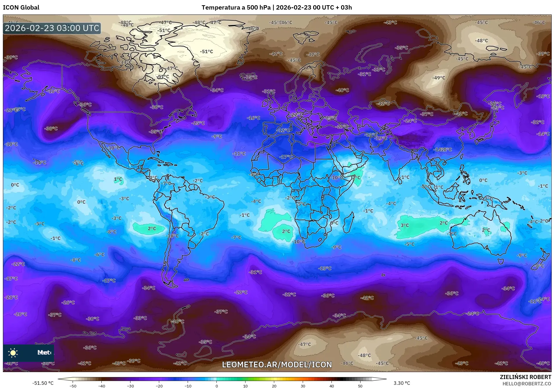 ICON model - Świat, Temperatura na 500 hPa