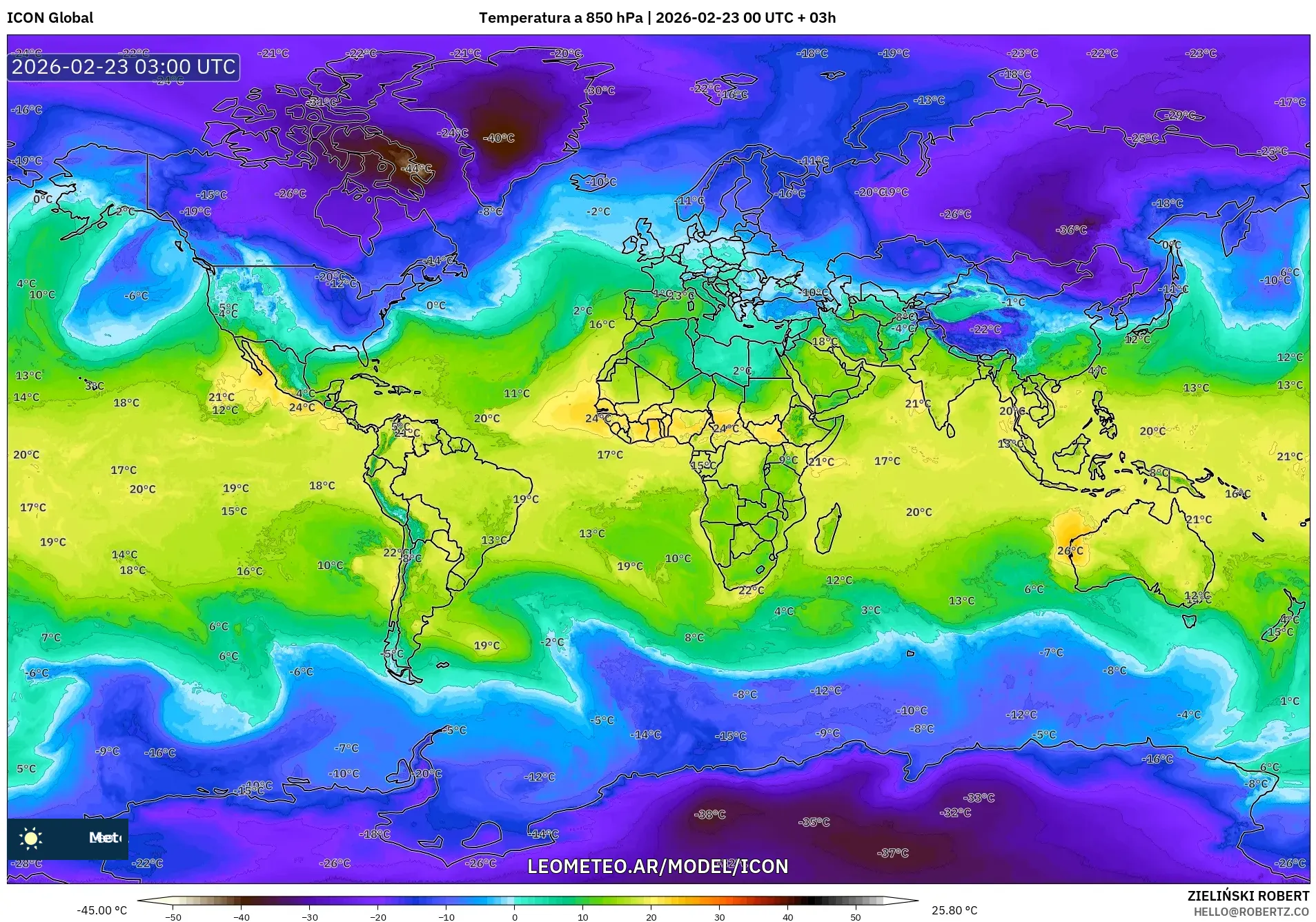 ICON model - Świat, Temperatura na 850 hPa