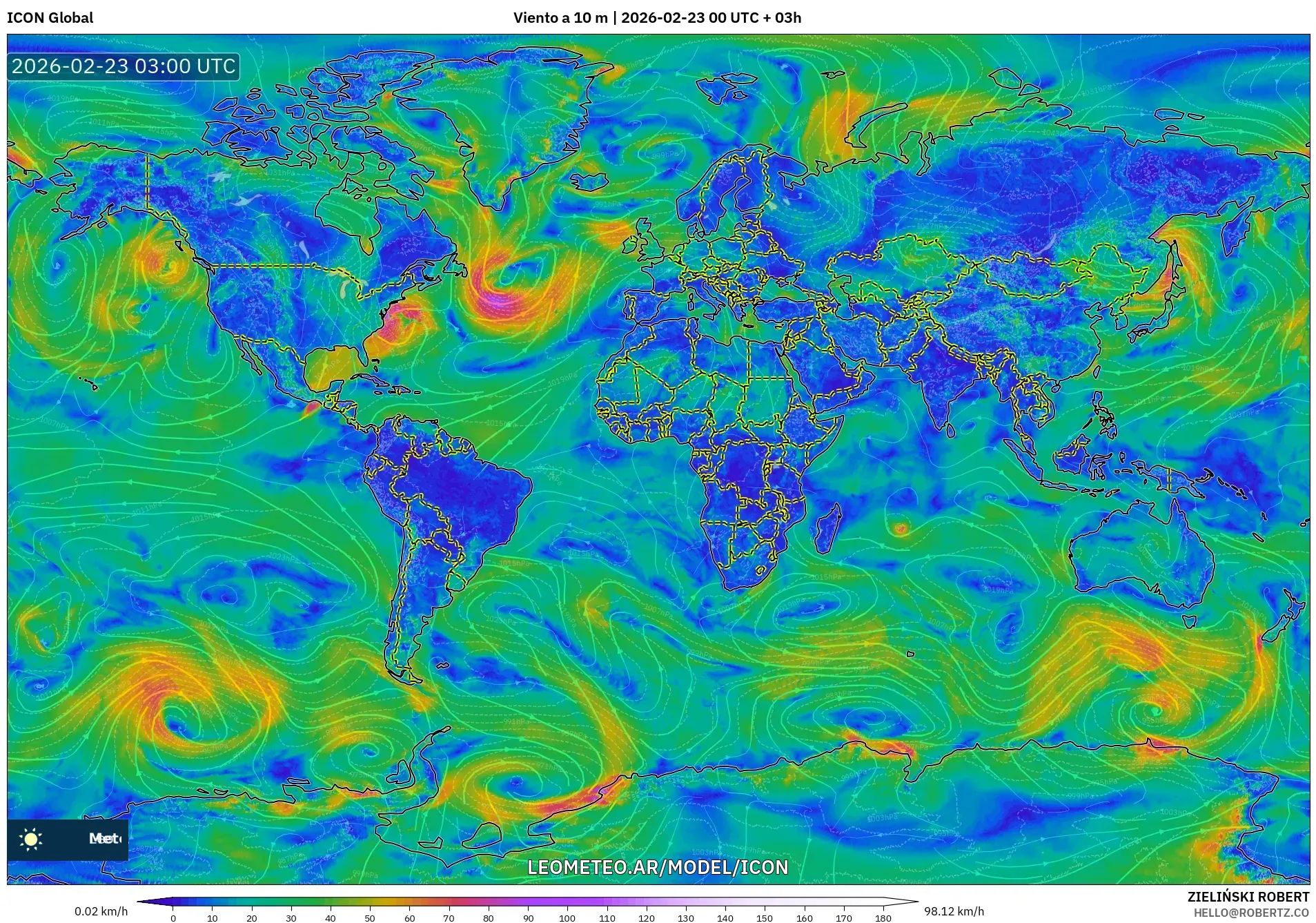 ICON model - Świat, Wiatr na 10 m