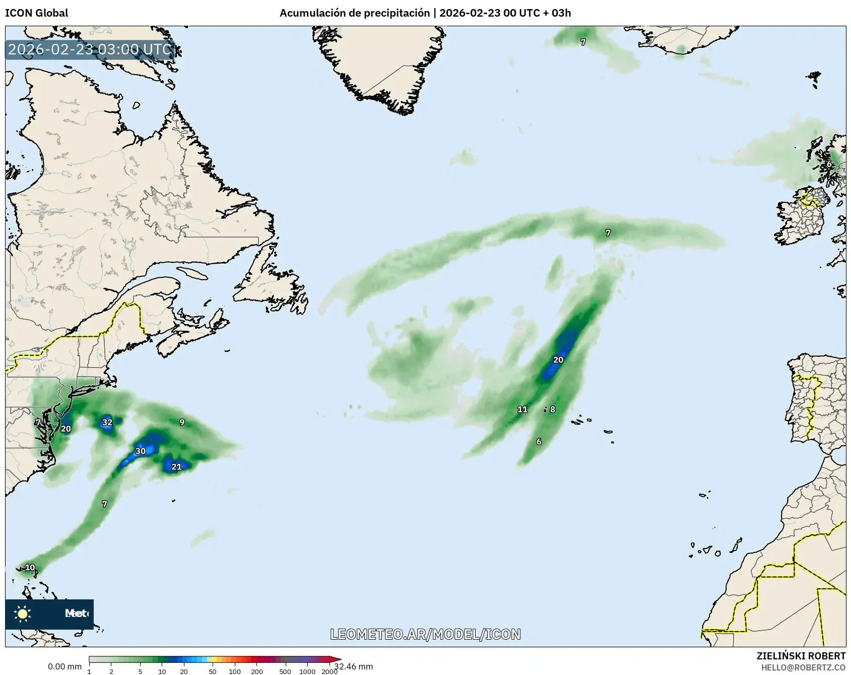 ICON model - Atlantyk Północny, Suma opadów