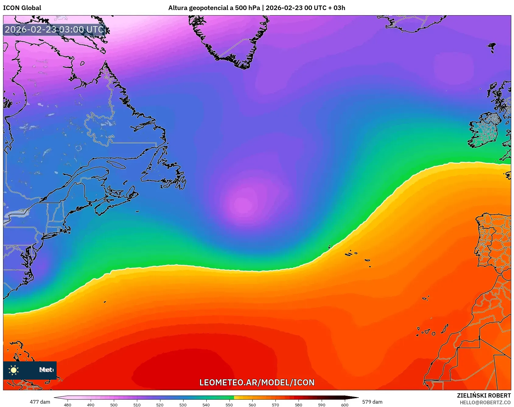 ICON model - Atlantyk Północny, Wysokość geopotencjalna na poziomie 500 hPa
