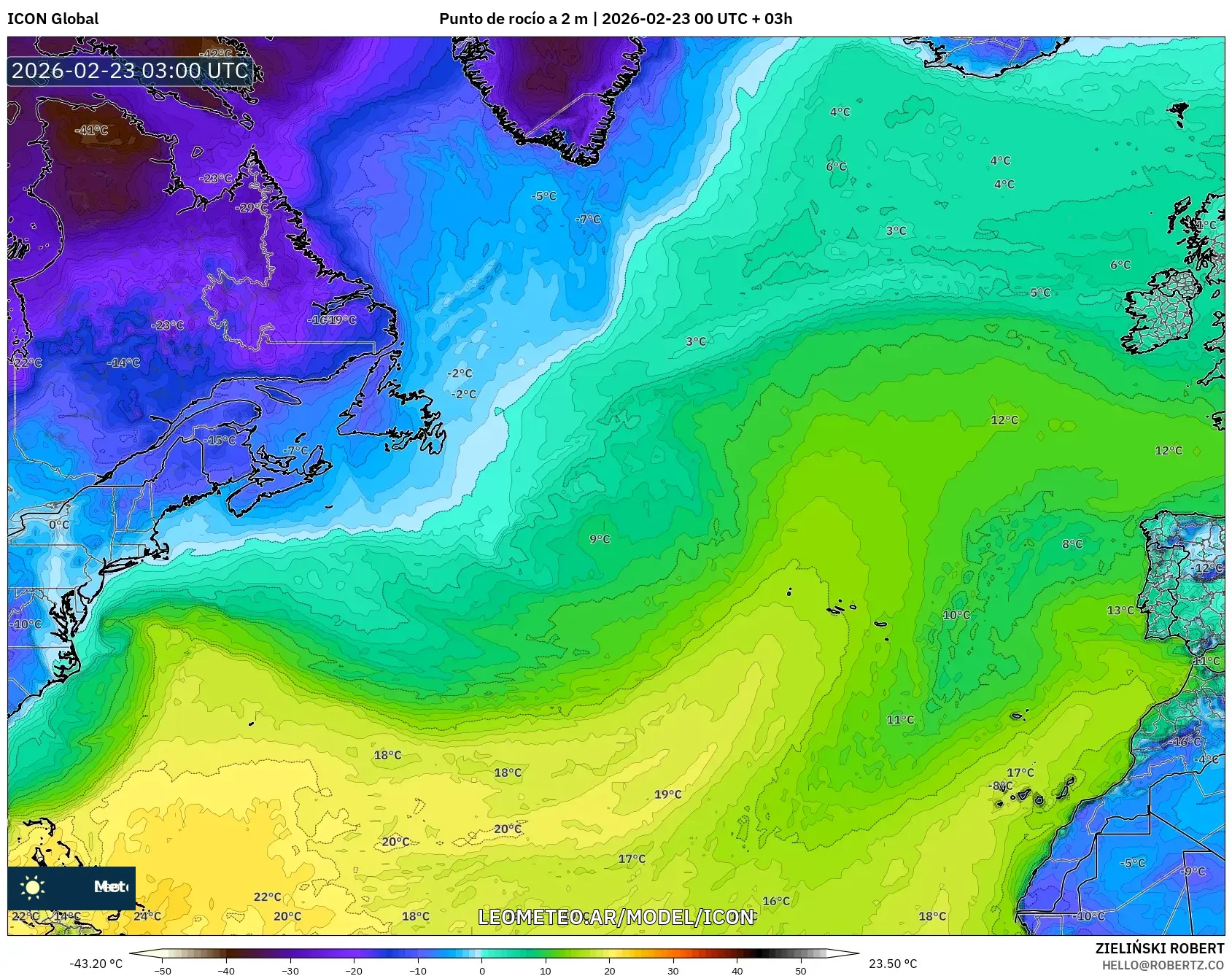 ICON model - Atlantyk Północny, Punkt rosy na 2 m