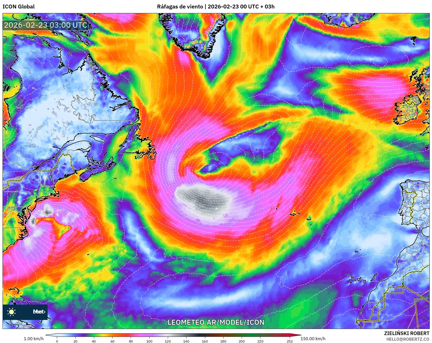ICON model - Atlantyk Północny, Porywy wiatru