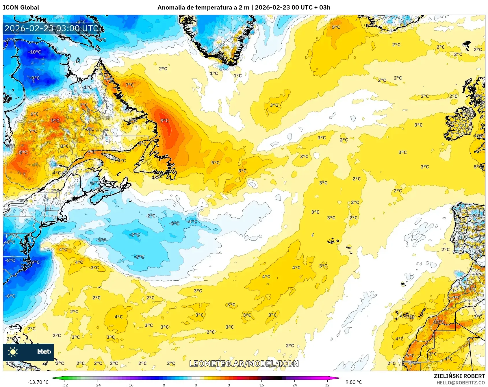ICON model - Atlantyk Północny, Anomalia temperatury na 2 m
