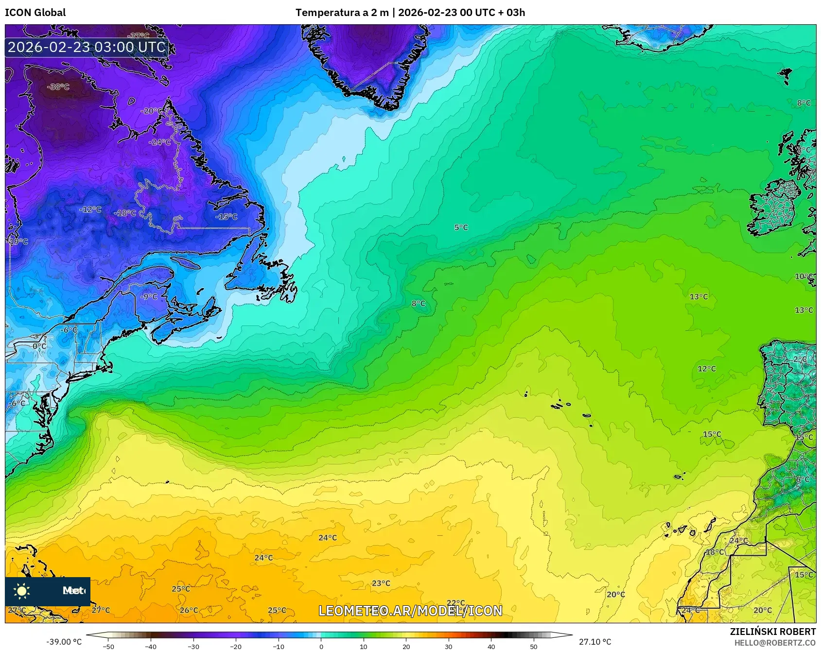 ICON model - Atlantyk Północny, Temperatura na 2 m