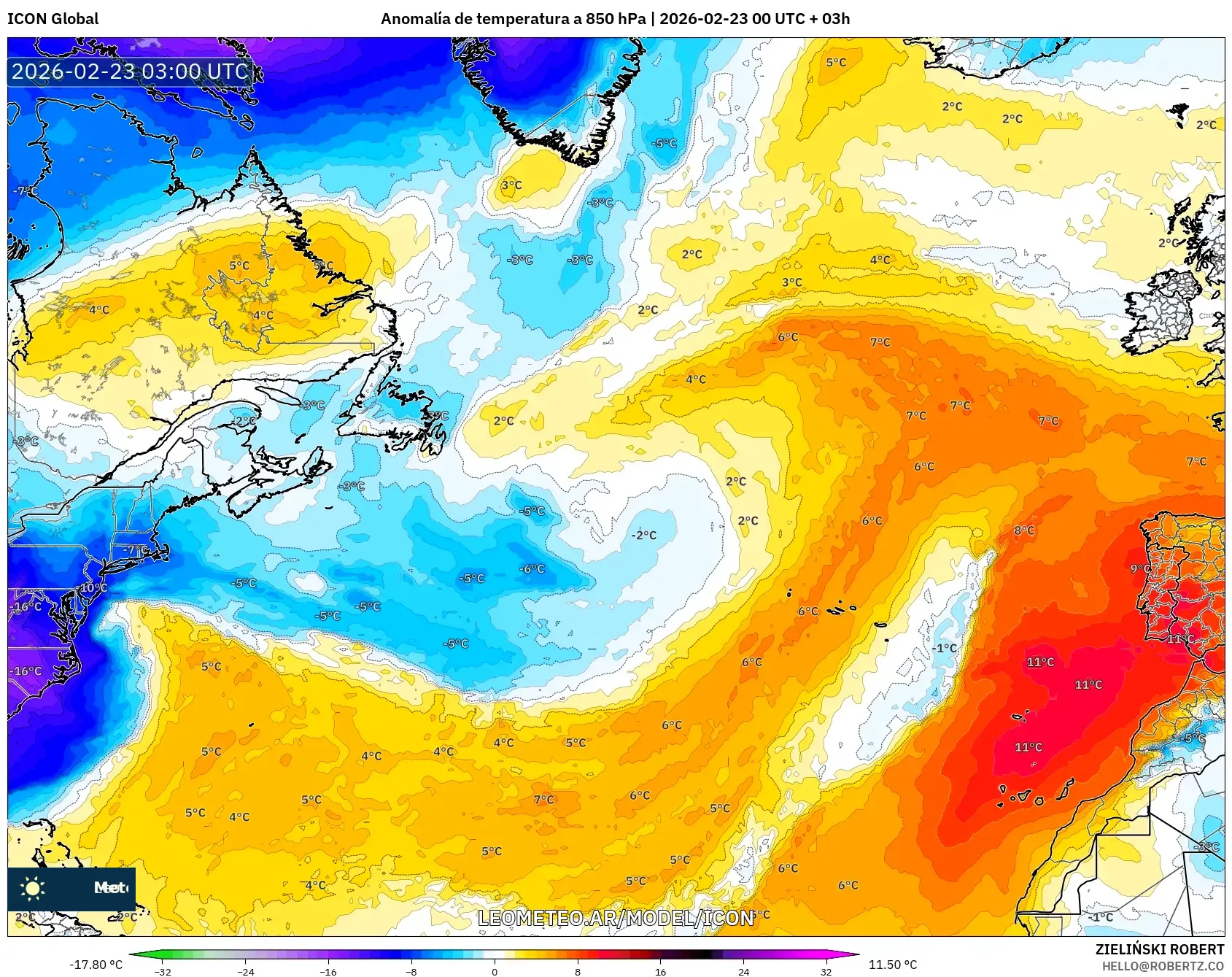 ICON model - Atlantyk Północny, Anomalia temperatury na 850 hPa