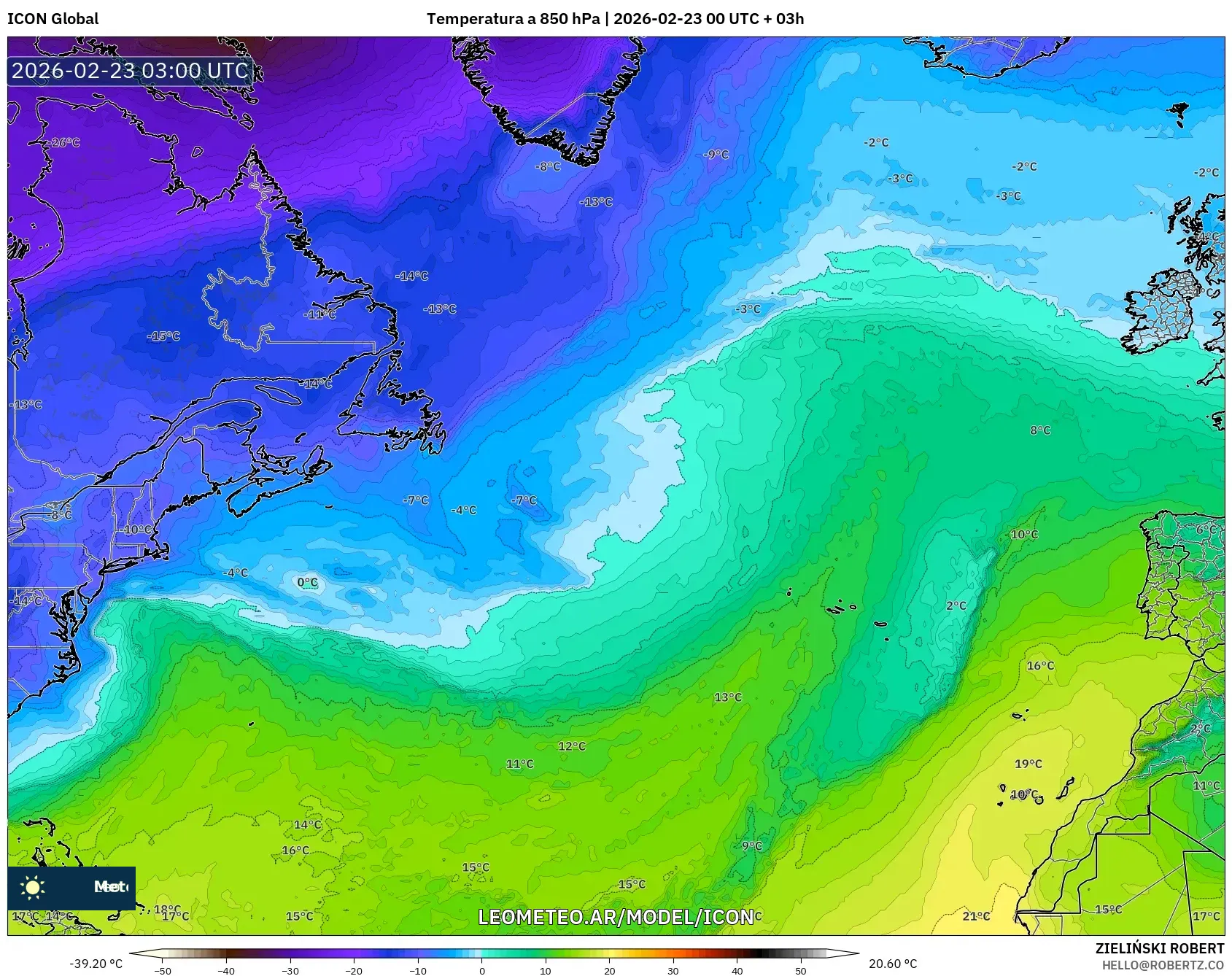 ICON model - Atlantyk Północny, Temperatura na 850 hPa
