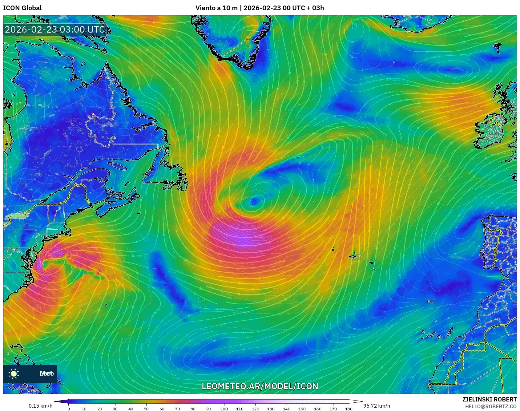 ICON model - Atlantyk Północny, Wiatr na 10 m