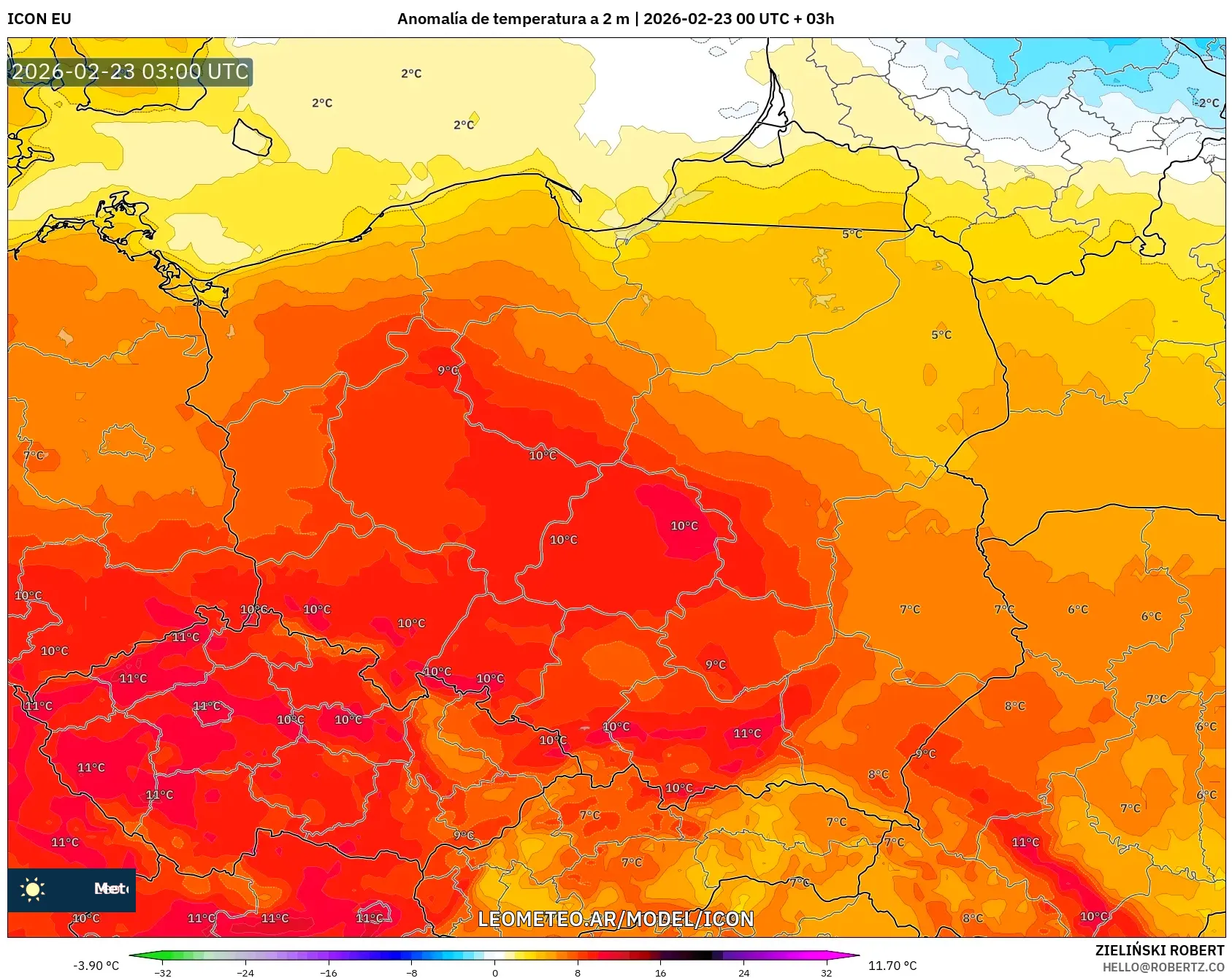ICON model - Polska, Anomalia temperatury na 2 m