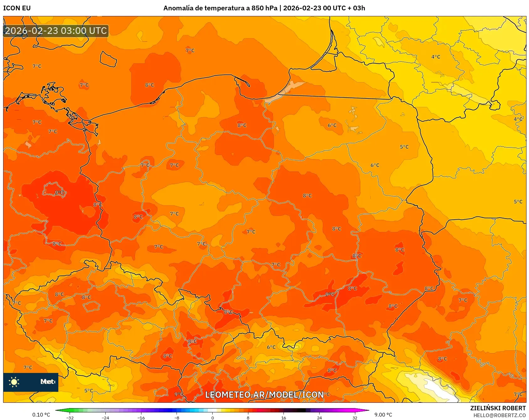 ICON model - Polska, Anomalia temperatury na 850 hPa
