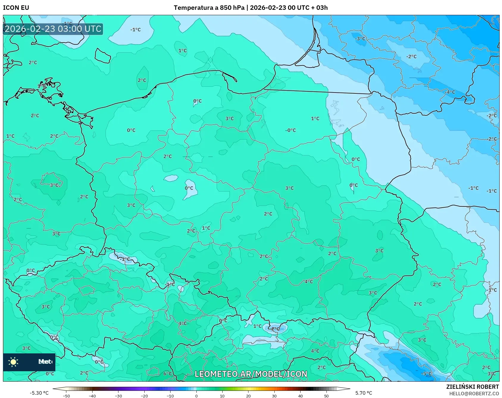 ICON model - Polska, Temperatura na 850 hPa
