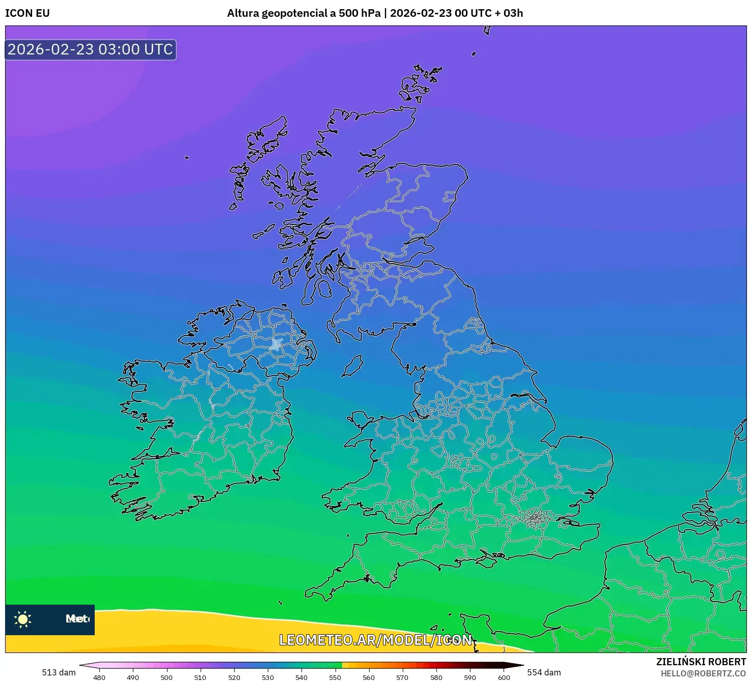 ICON model - Wielka Brytania, Wysokość geopotencjalna na poziomie 500 hPa