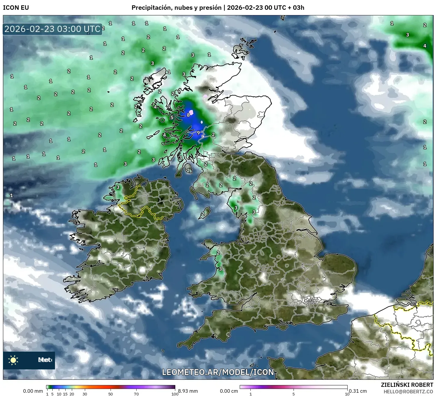 ICON model - Wielka Brytania, Opady, chmury i ciśnienie