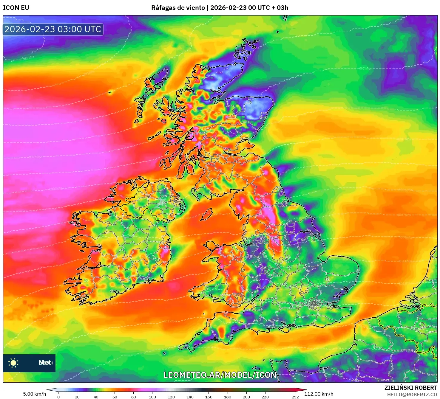 ICON model - Wielka Brytania, Porywy wiatru