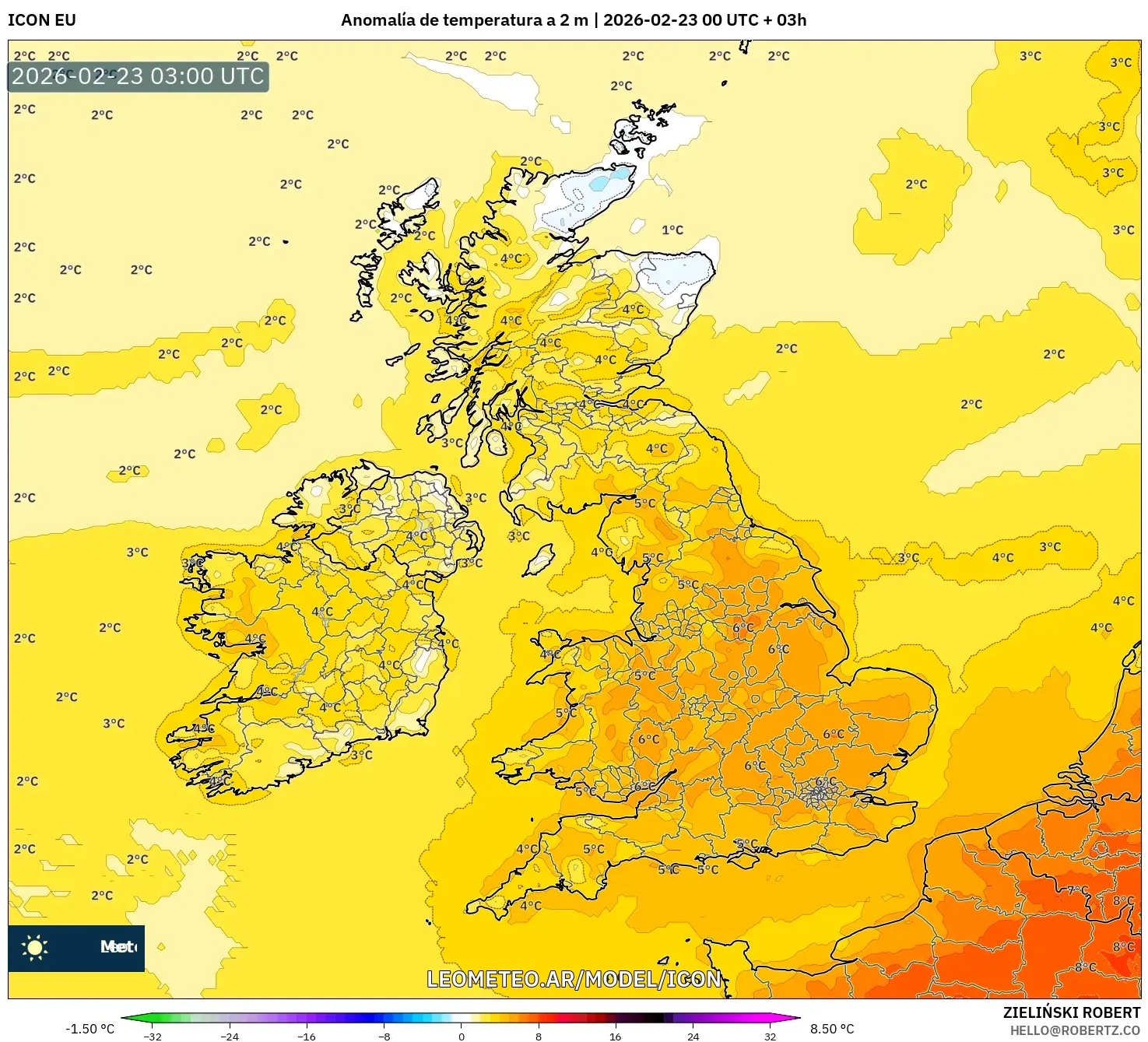 ICON model - Wielka Brytania, Anomalia temperatury na 2 m
