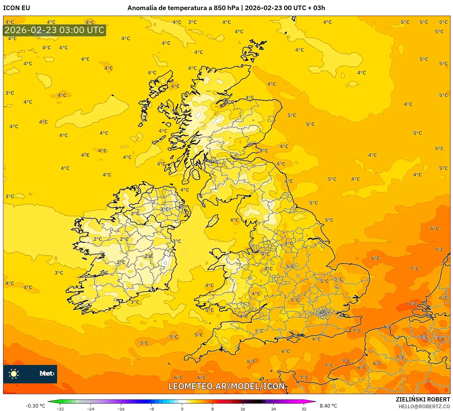 ICON model - Wielka Brytania, Anomalia temperatury na 850 hPa