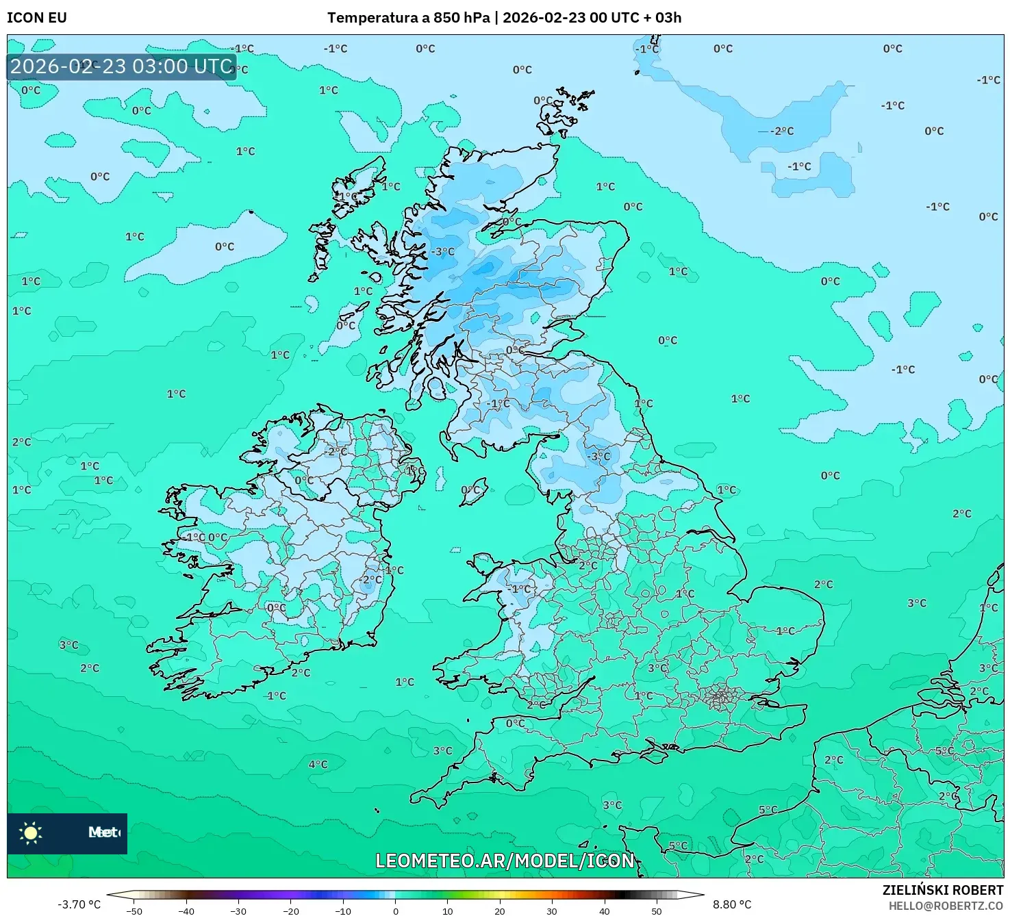 ICON model - Wielka Brytania, Temperatura na 850 hPa