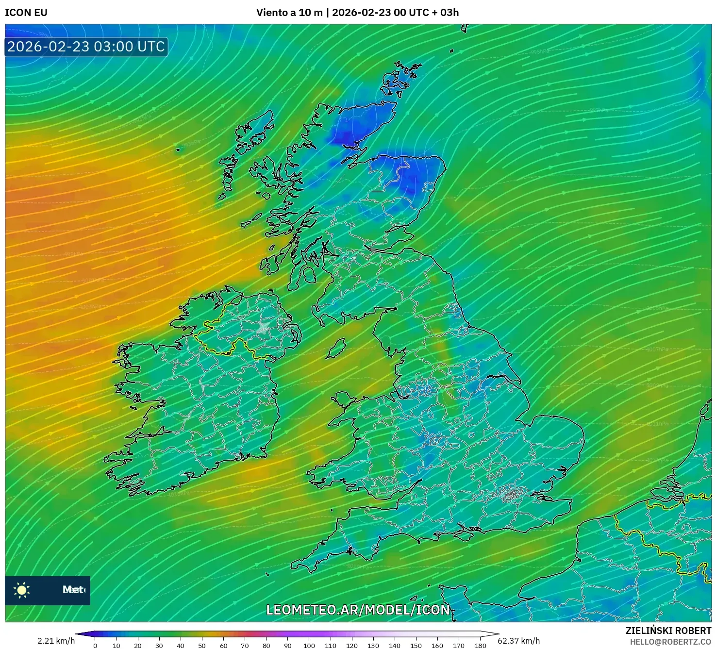 ICON model - Wielka Brytania, Wiatr na 10 m