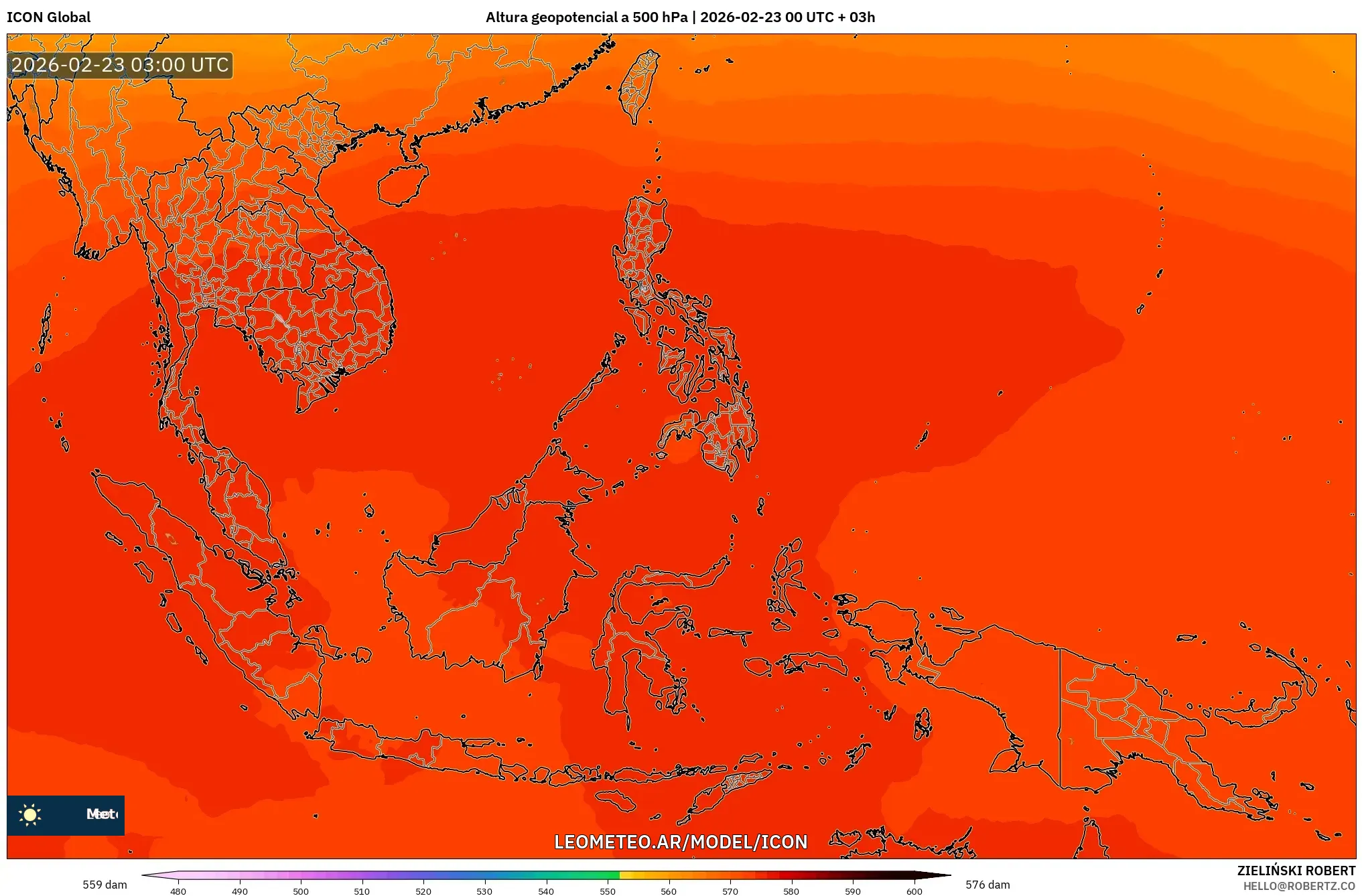 ICON model - Azja Południowo-Wschodnia, Wysokość geopotencjalna na poziomie 500 hPa