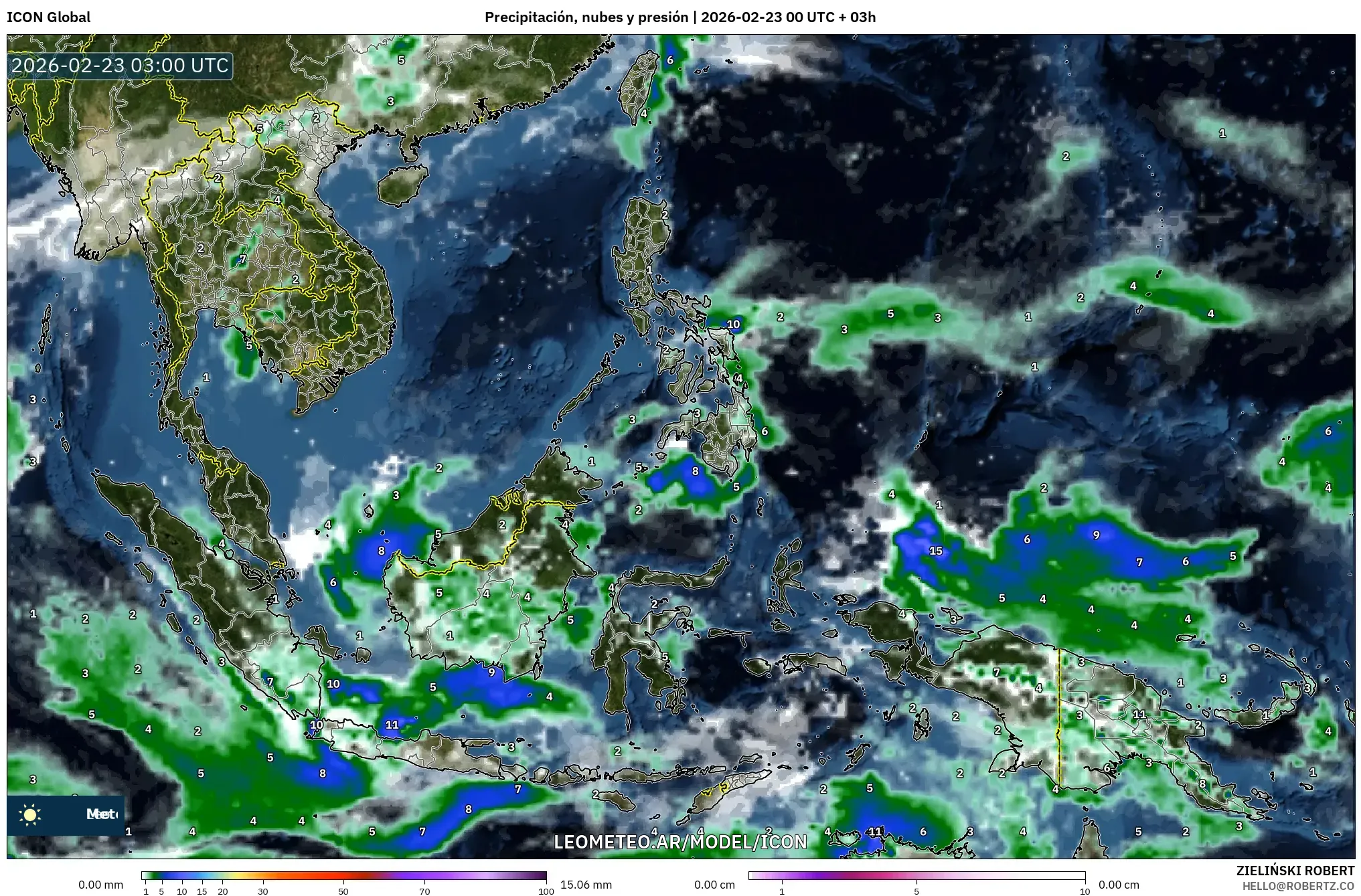 ICON model - Azja Południowo-Wschodnia, Opady, chmury i ciśnienie