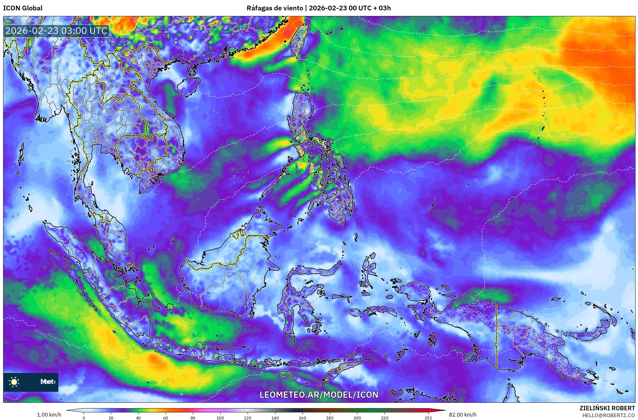ICON model - Azja Południowo-Wschodnia, Porywy wiatru