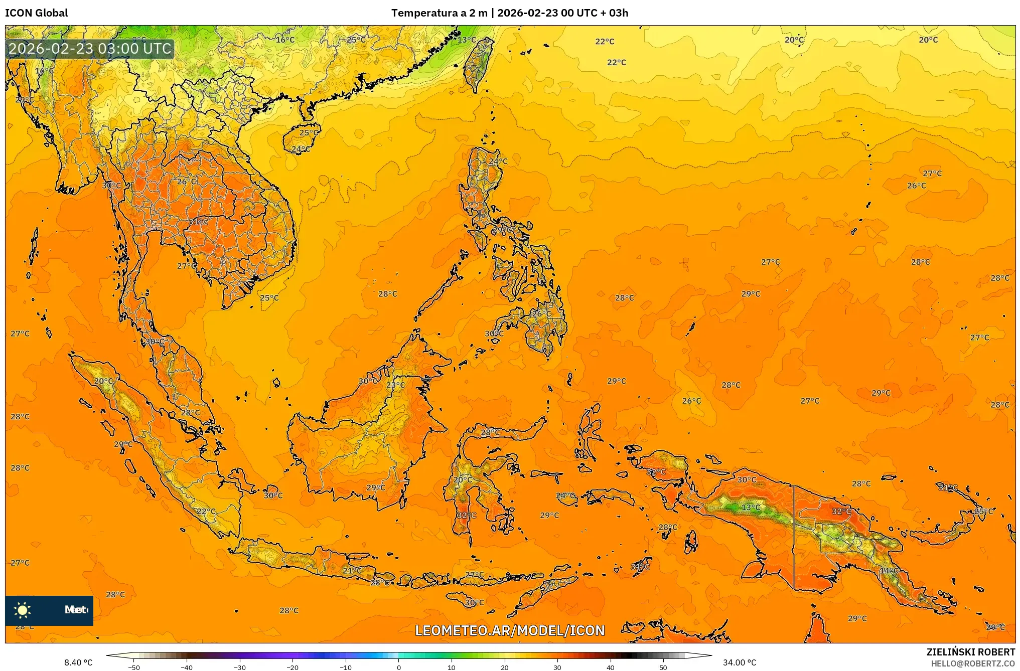 ICON model - Azja Południowo-Wschodnia, Temperatura na 2 m