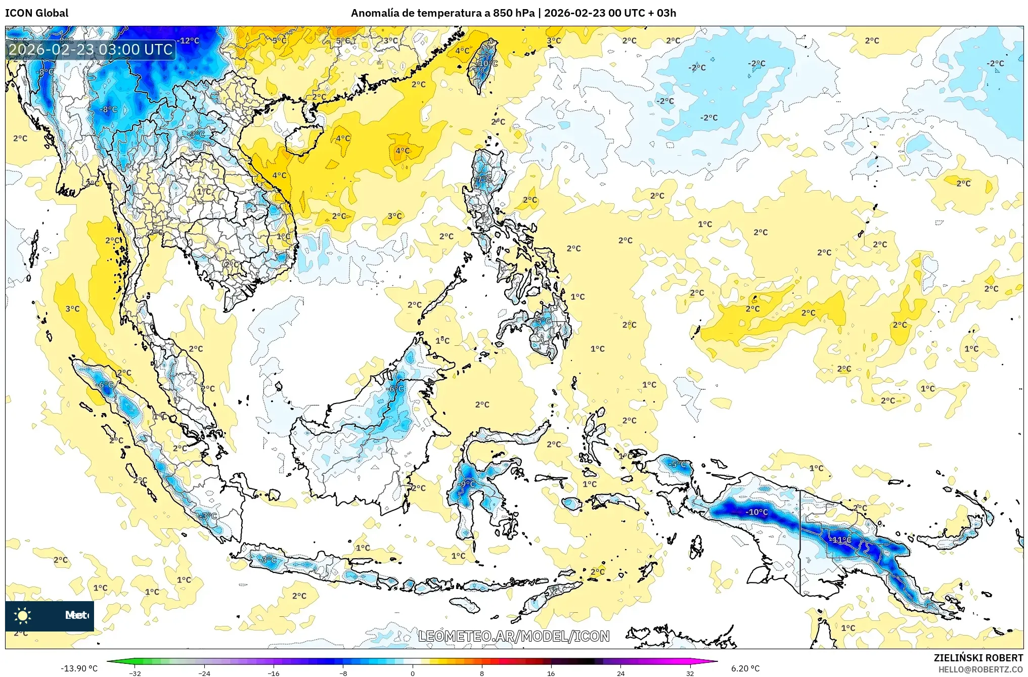 ICON model - Azja Południowo-Wschodnia, Anomalia temperatury na 850 hPa