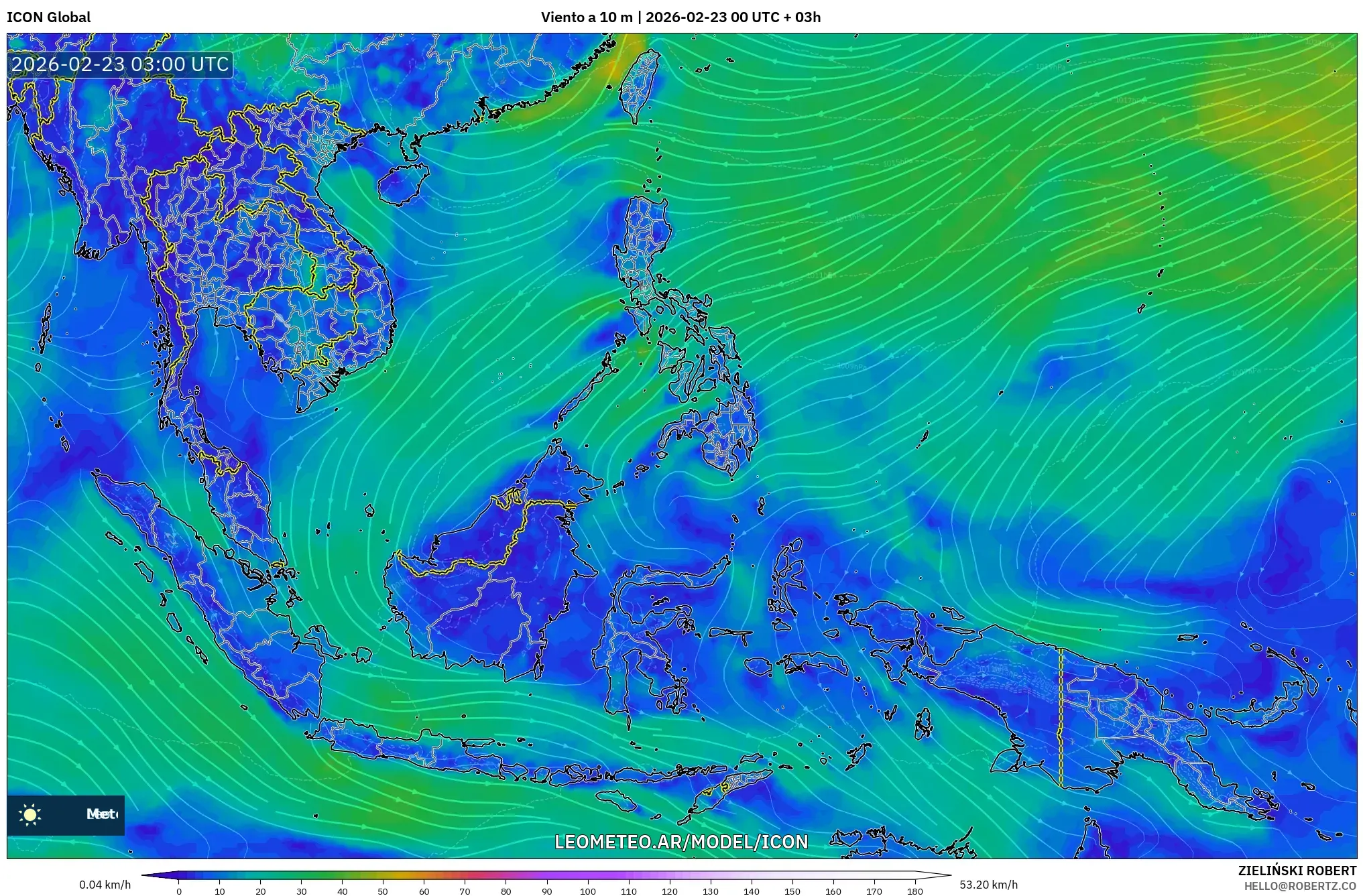 ICON model - Azja Południowo-Wschodnia, Wiatr na 10 m