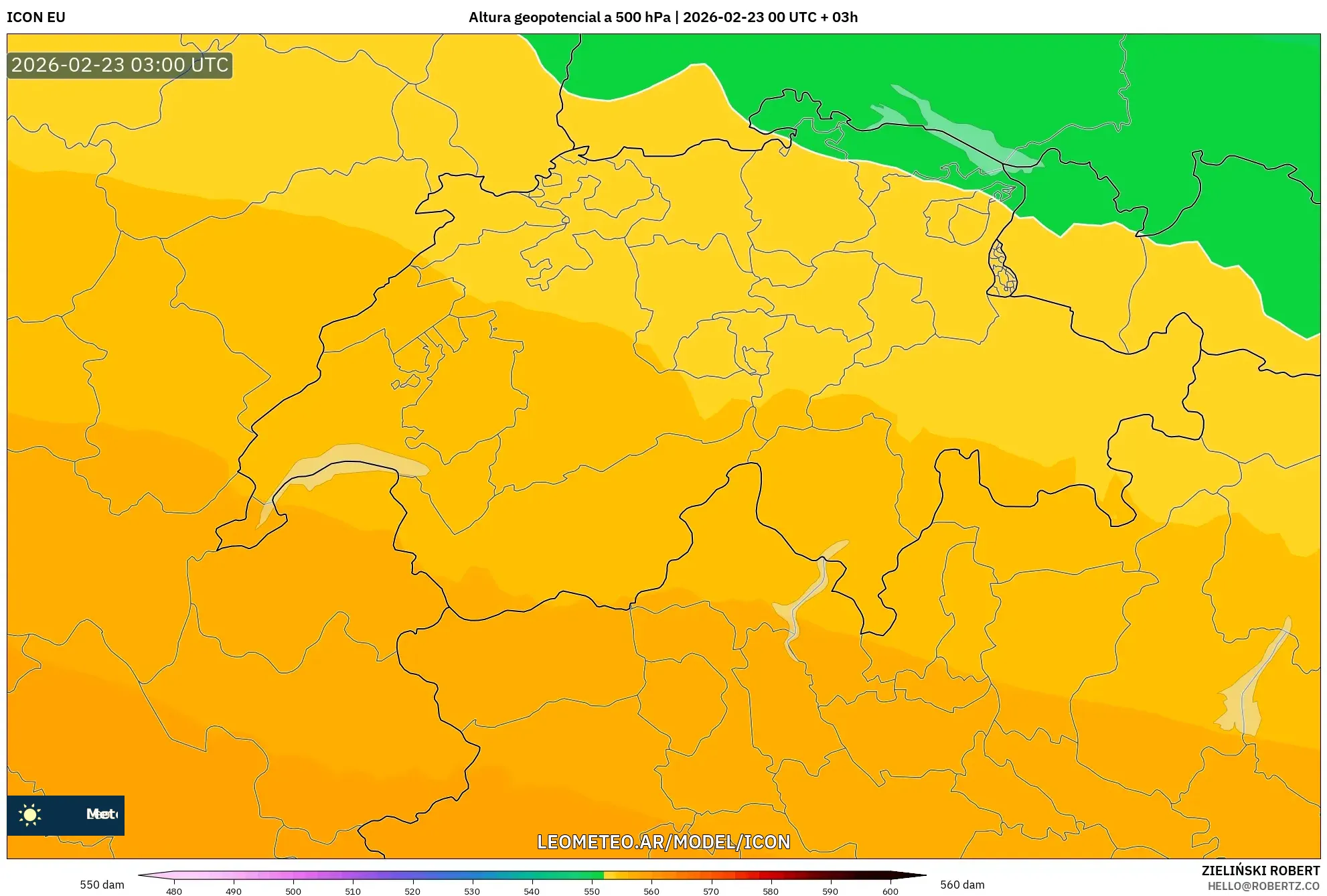 ICON model - Szwajcaria, Wysokość geopotencjalna na poziomie 500 hPa