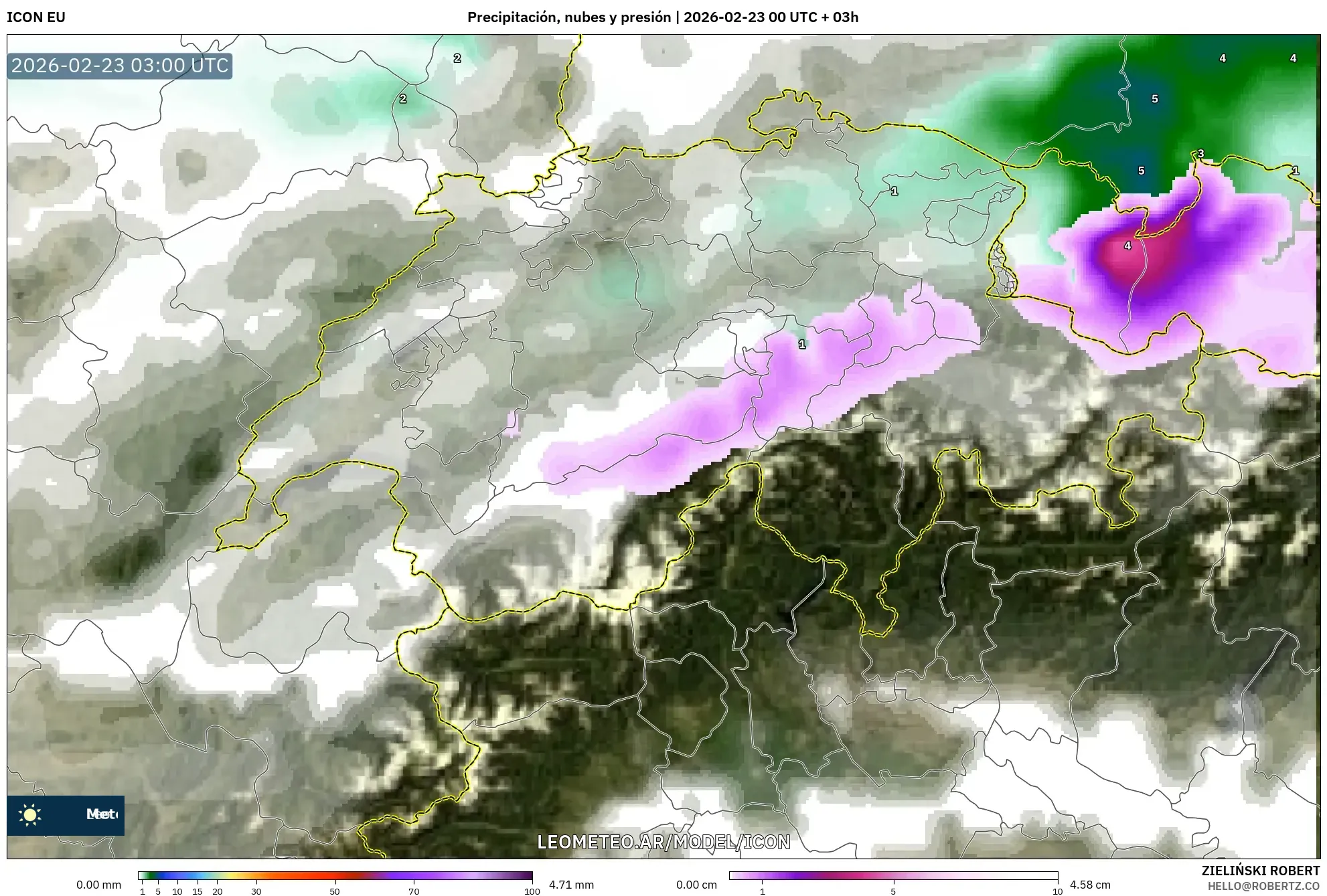 ICON model - Szwajcaria, Opady, chmury i ciśnienie