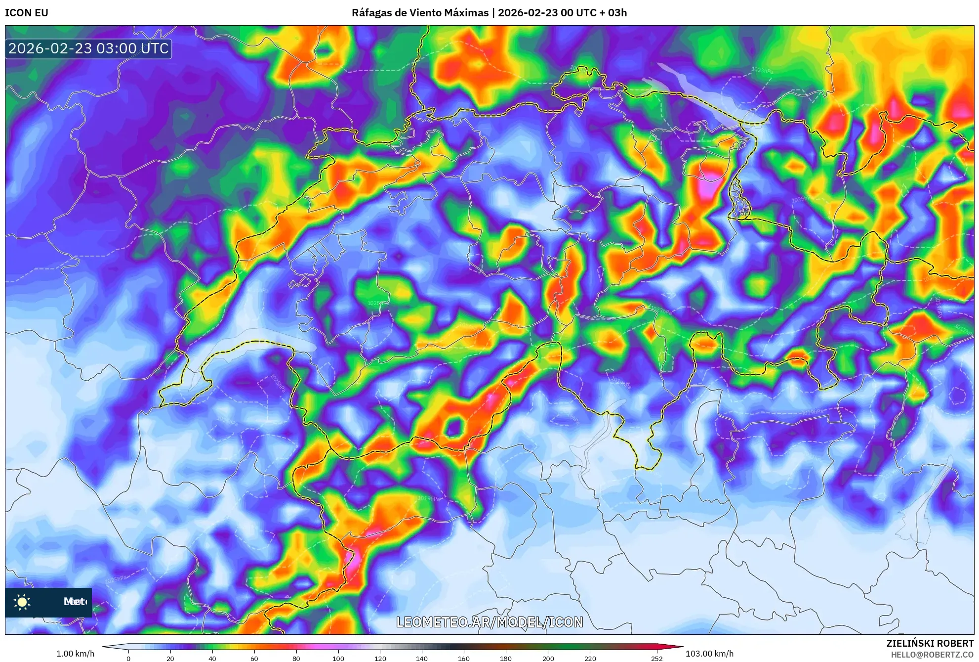 ICON model - Szwajcaria, Maksymalne Porywy Wiatru