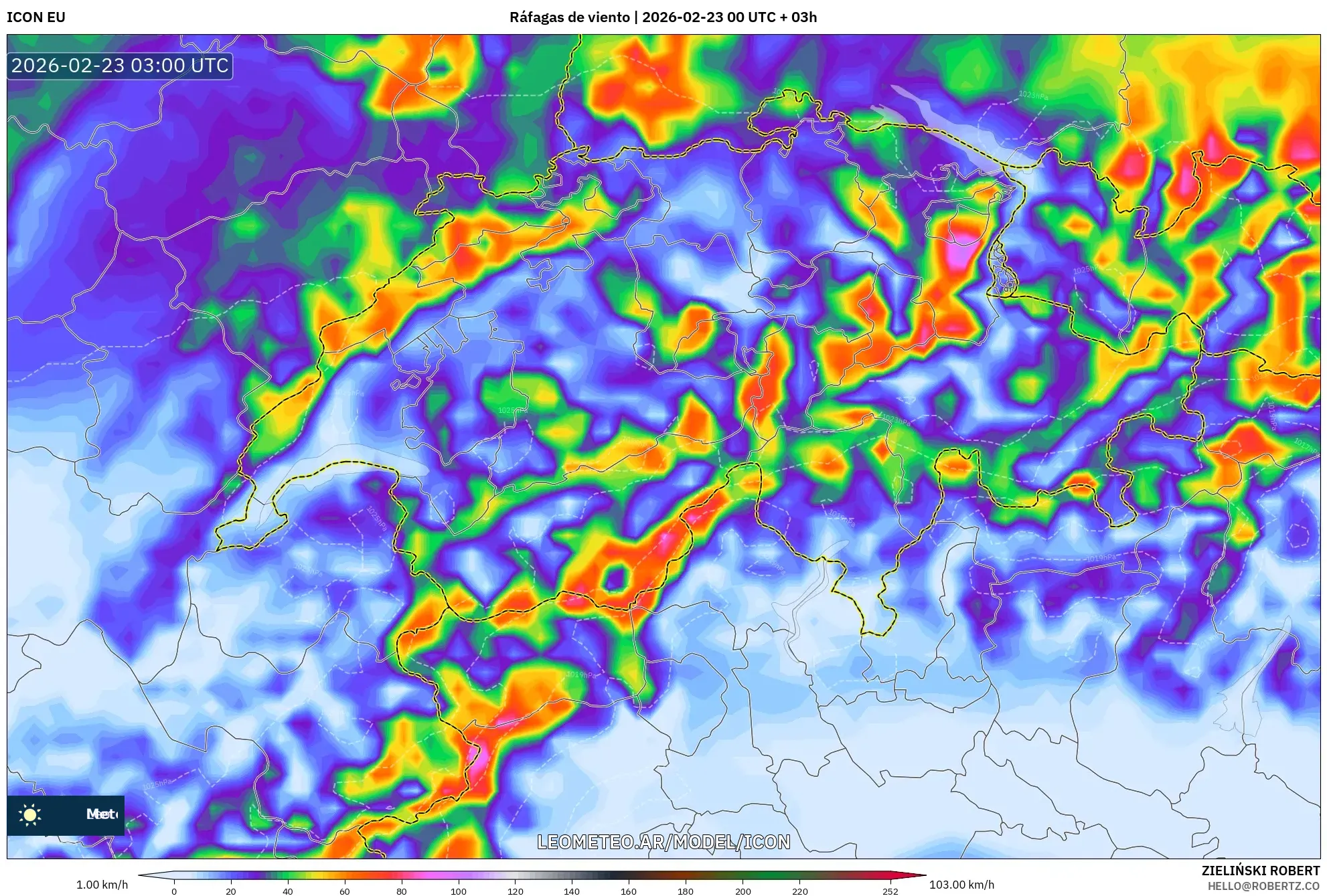 ICON model - Szwajcaria, Porywy wiatru