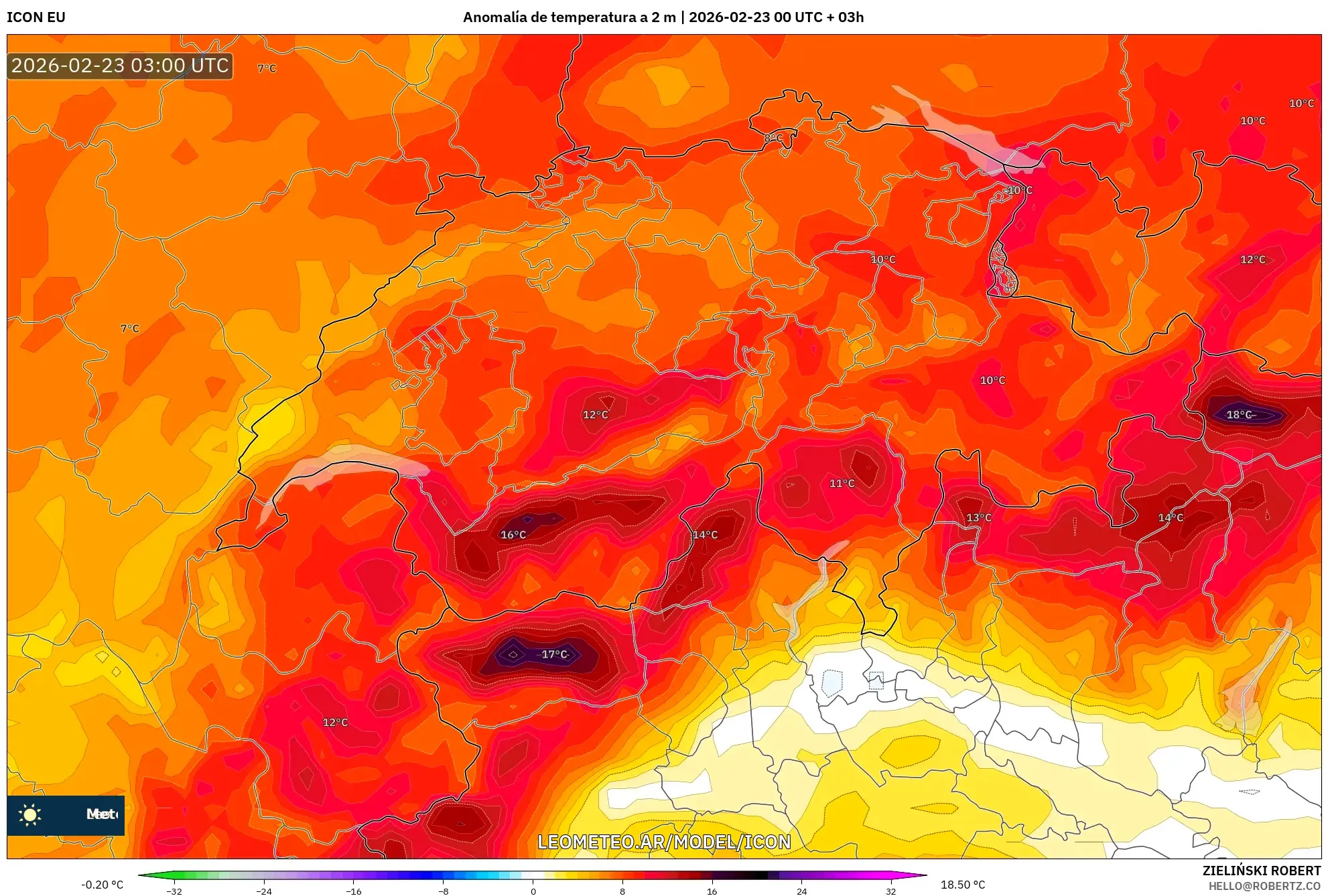 ICON model - Szwajcaria, Anomalia temperatury na 2 m