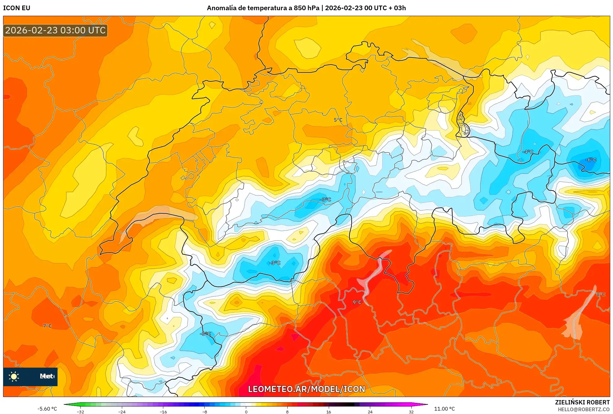 ICON model - Szwajcaria, Anomalia temperatury na 850 hPa