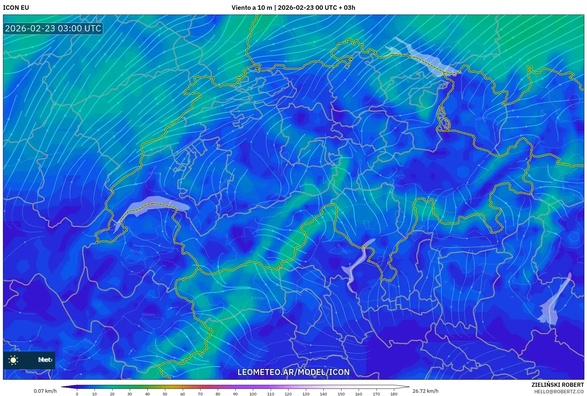 ICON model - Szwajcaria, Wiatr na 10 m