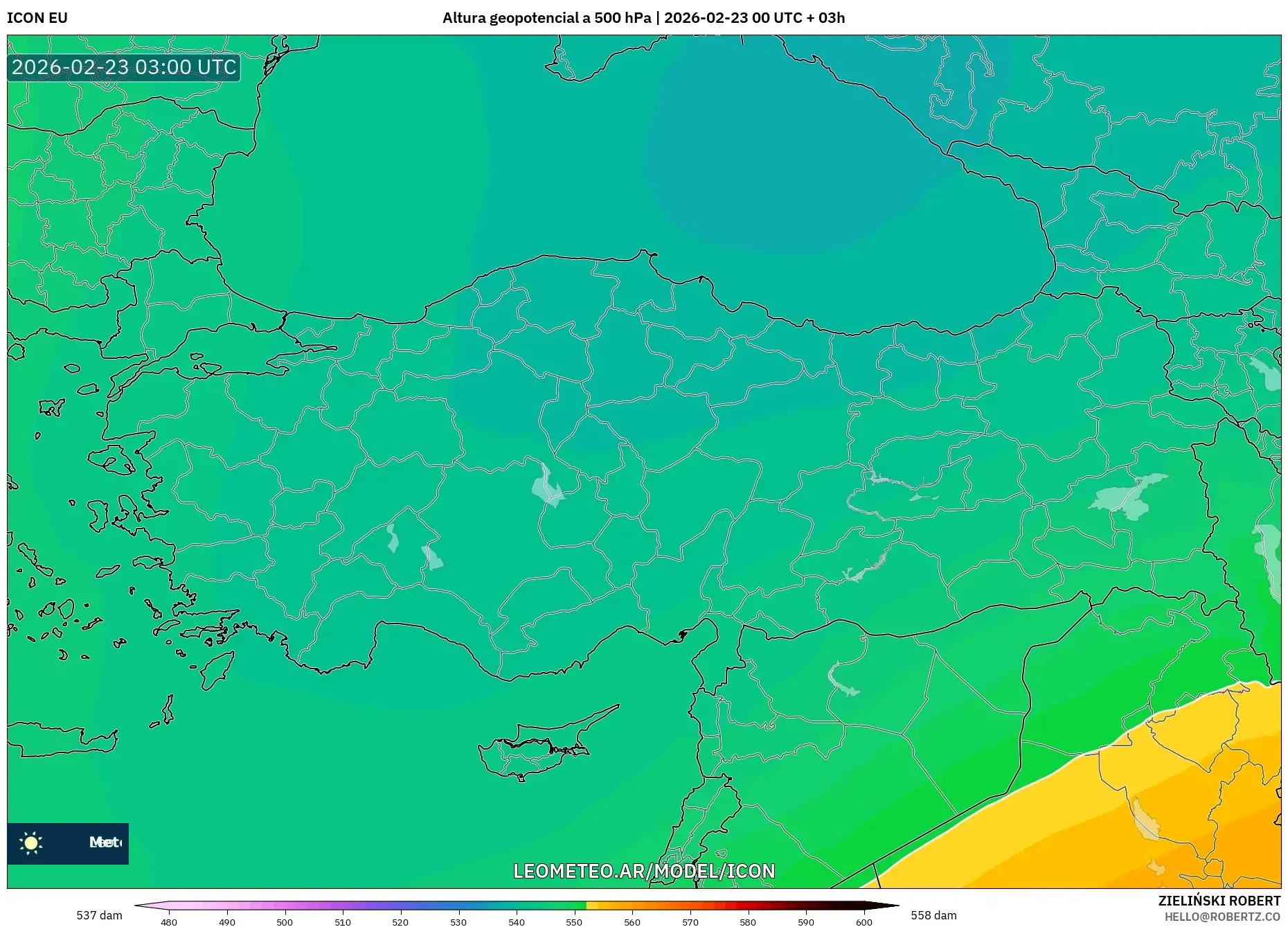 ICON model - Turcja, Wysokość geopotencjalna na poziomie 500 hPa
