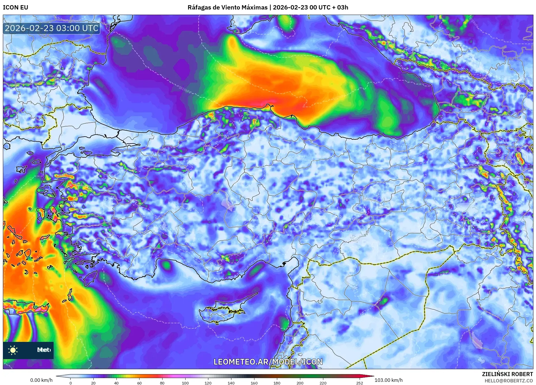 ICON model - Turcja, Maksymalne Porywy Wiatru