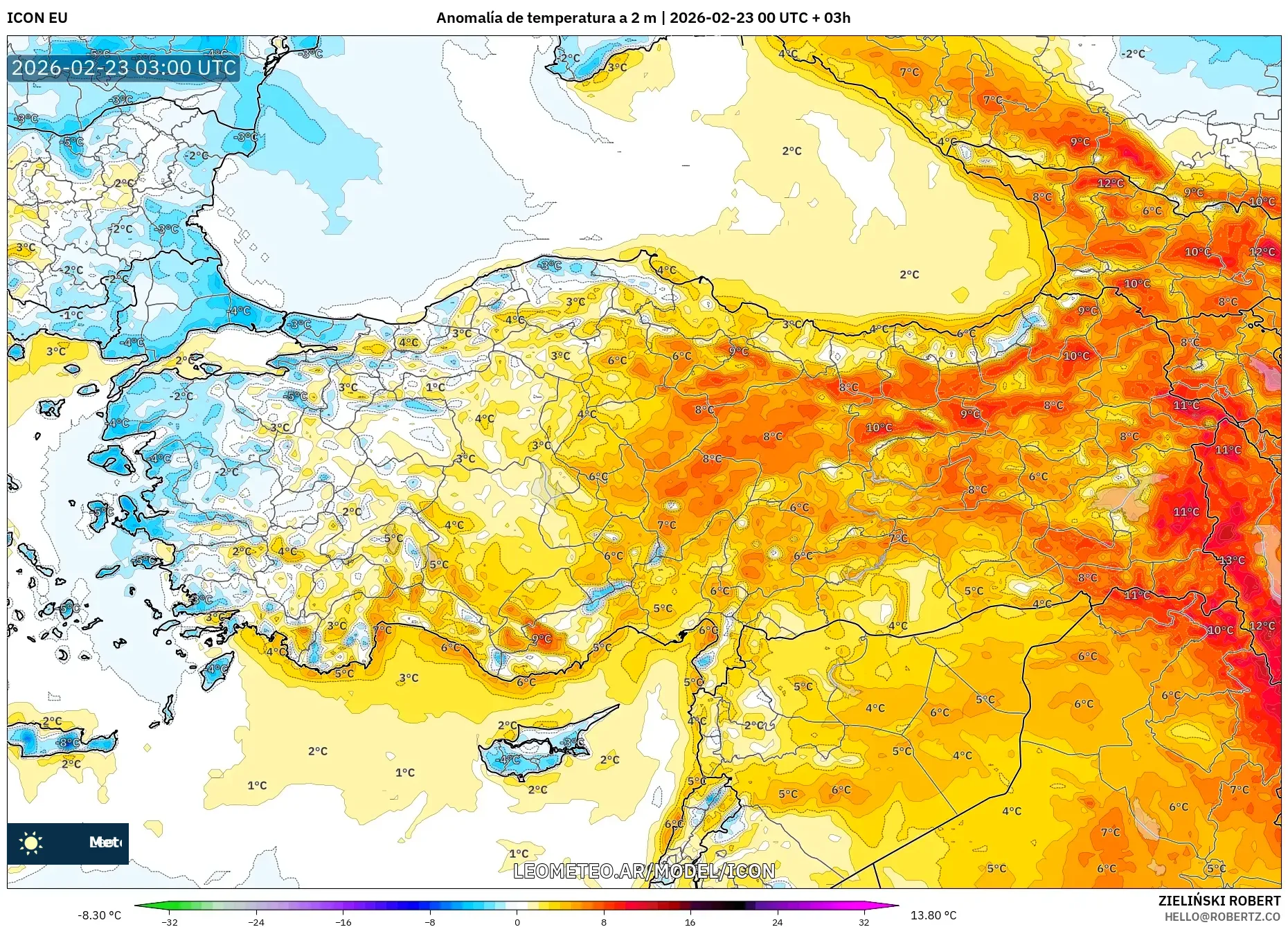 ICON model - Turcja, Anomalia temperatury na 2 m
