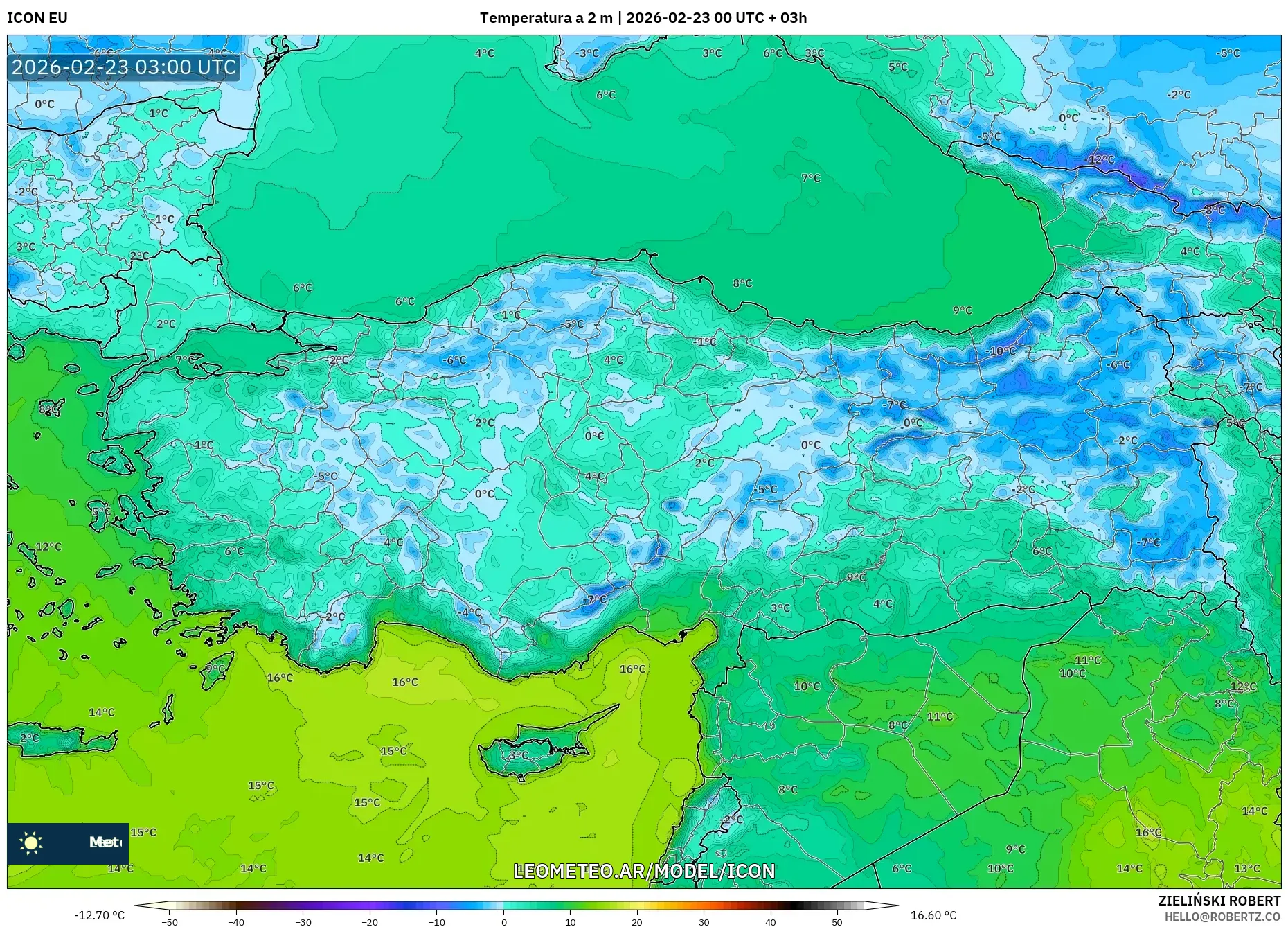 ICON model - Turcja, Temperatura na 2 m