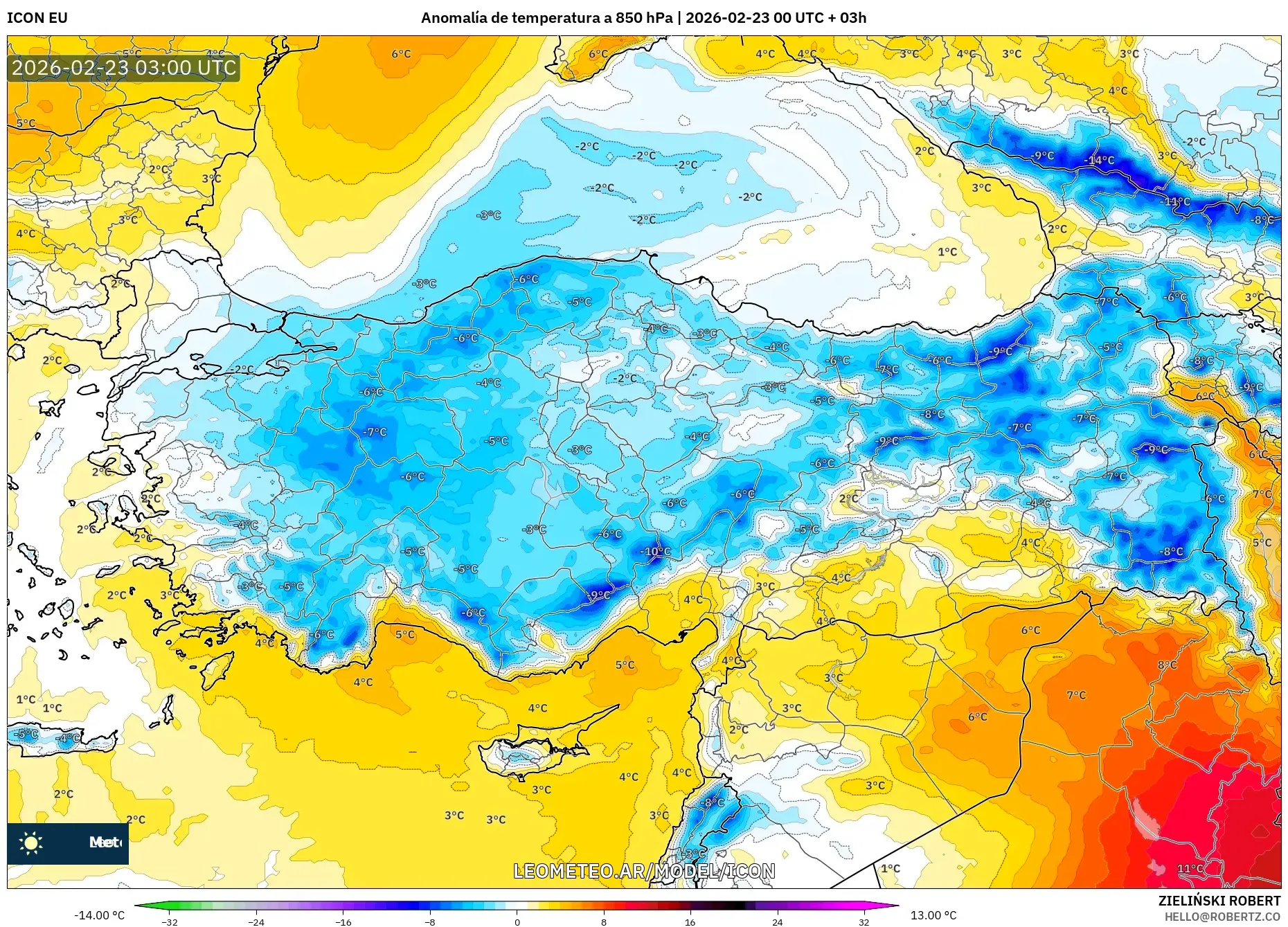 ICON model - Turcja, Anomalia temperatury na 850 hPa