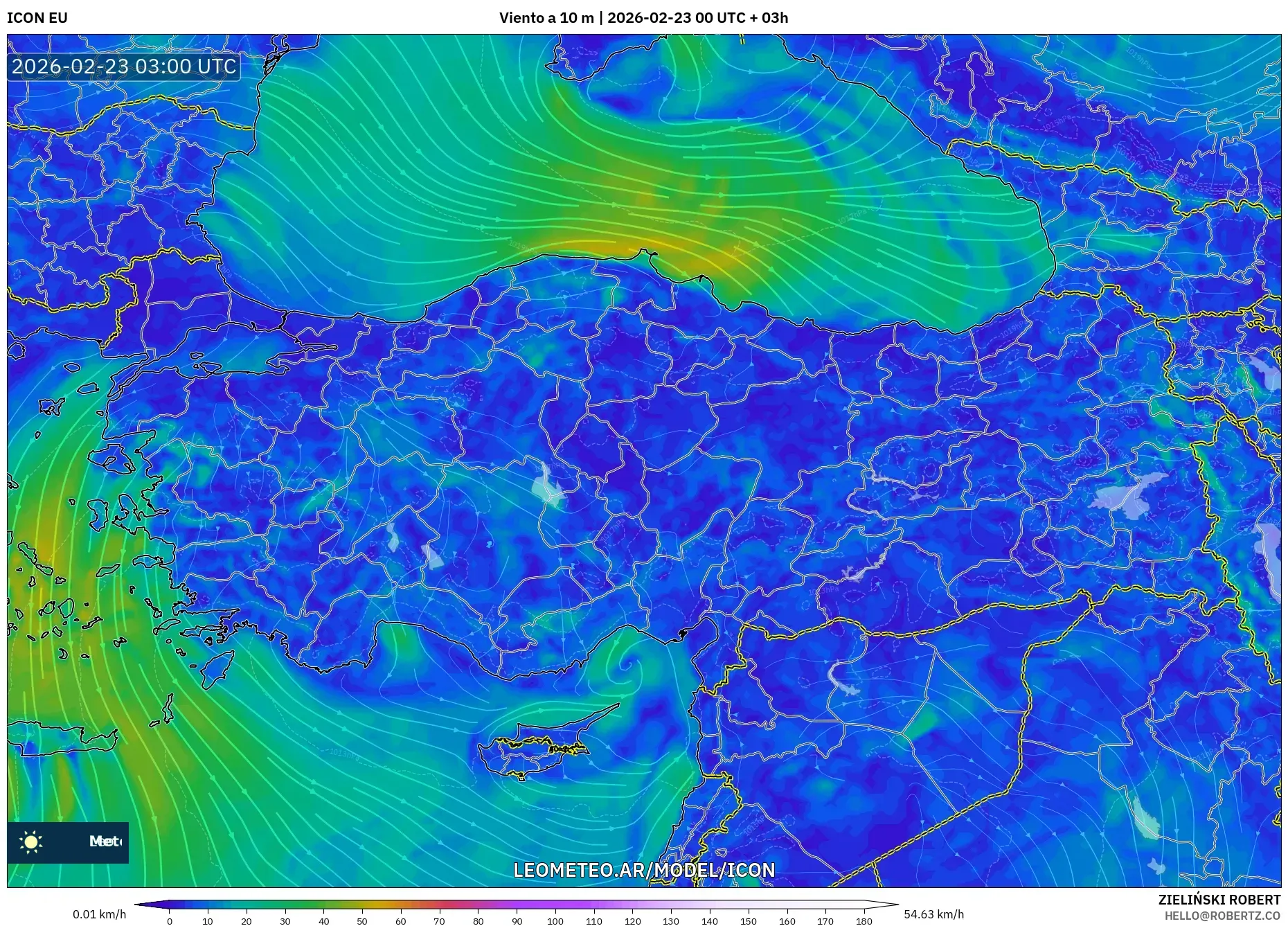 ICON model - Turcja, Wiatr na 10 m